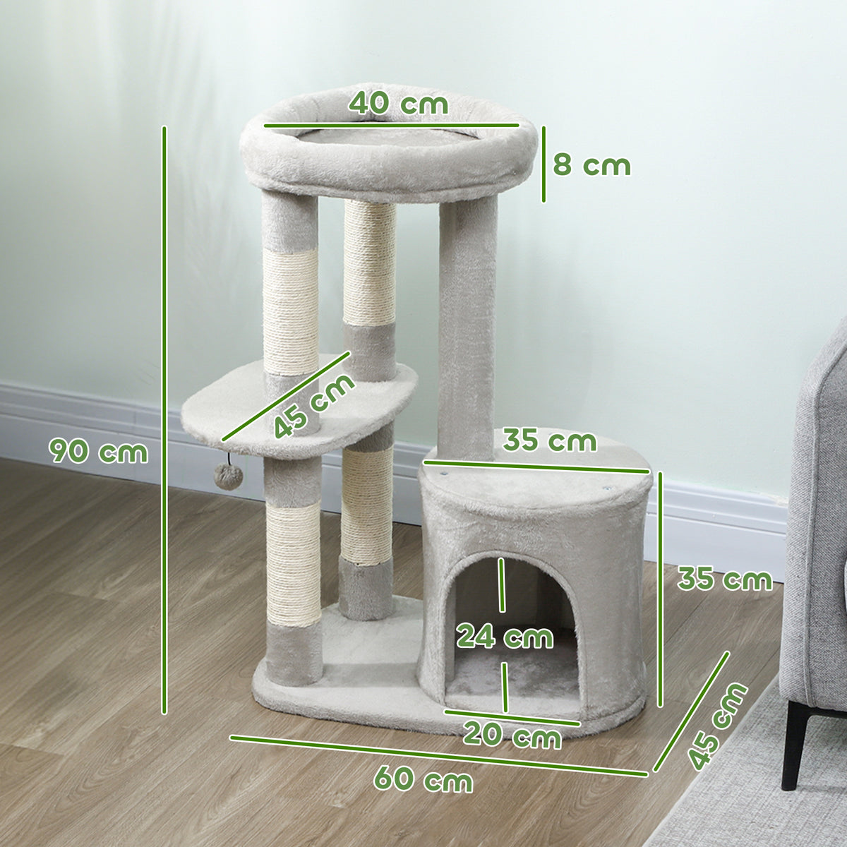 Árvore Arranhador para Gatos Pelúcia e Sisal Ninho e Plataforma 60x45x90 cm Cinza Claro — foto 2