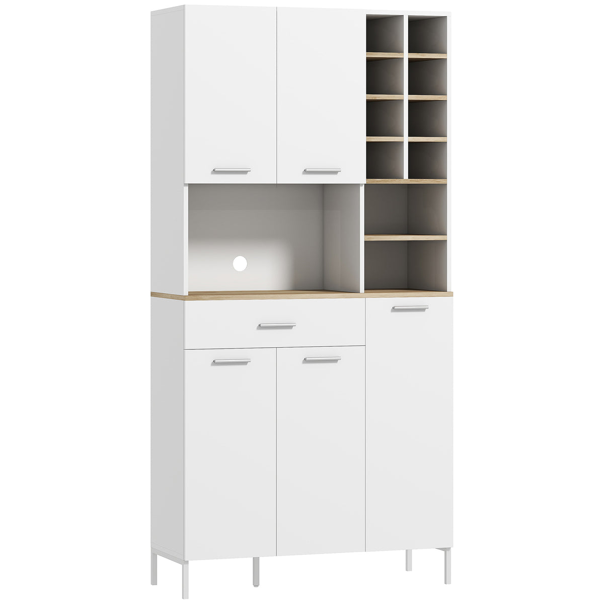 Armário de cozinha com prateleiras abertas, compartimentos, suporte para vinhos, despensa com 5 portas, MDF, Branco — foto 1