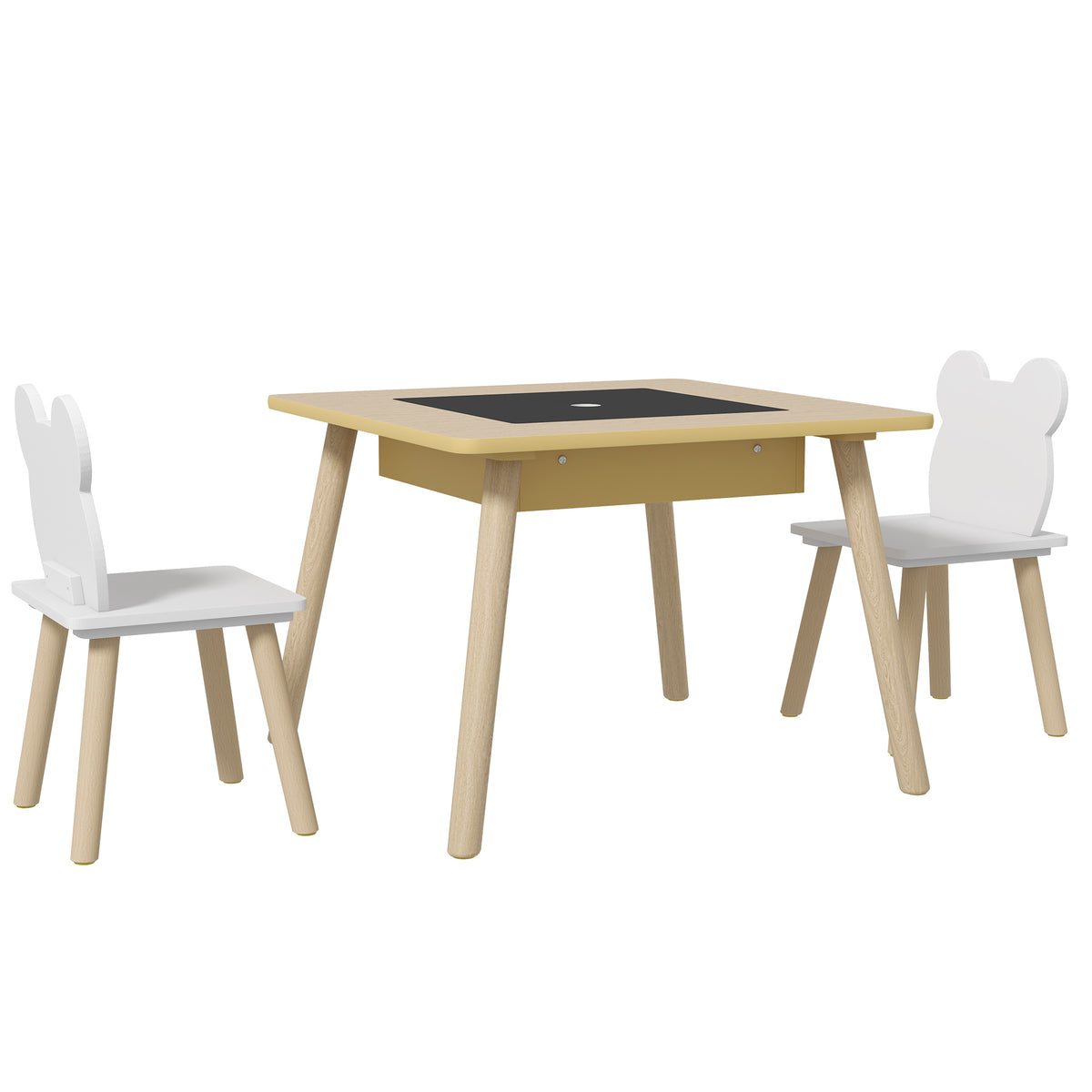 Mesa Infantil com 2 Cadeiras Conjunto com Armazenamento e Encosto em Forma de Urso para Crianças de 3-6 Anos Madeira Natural — foto 1