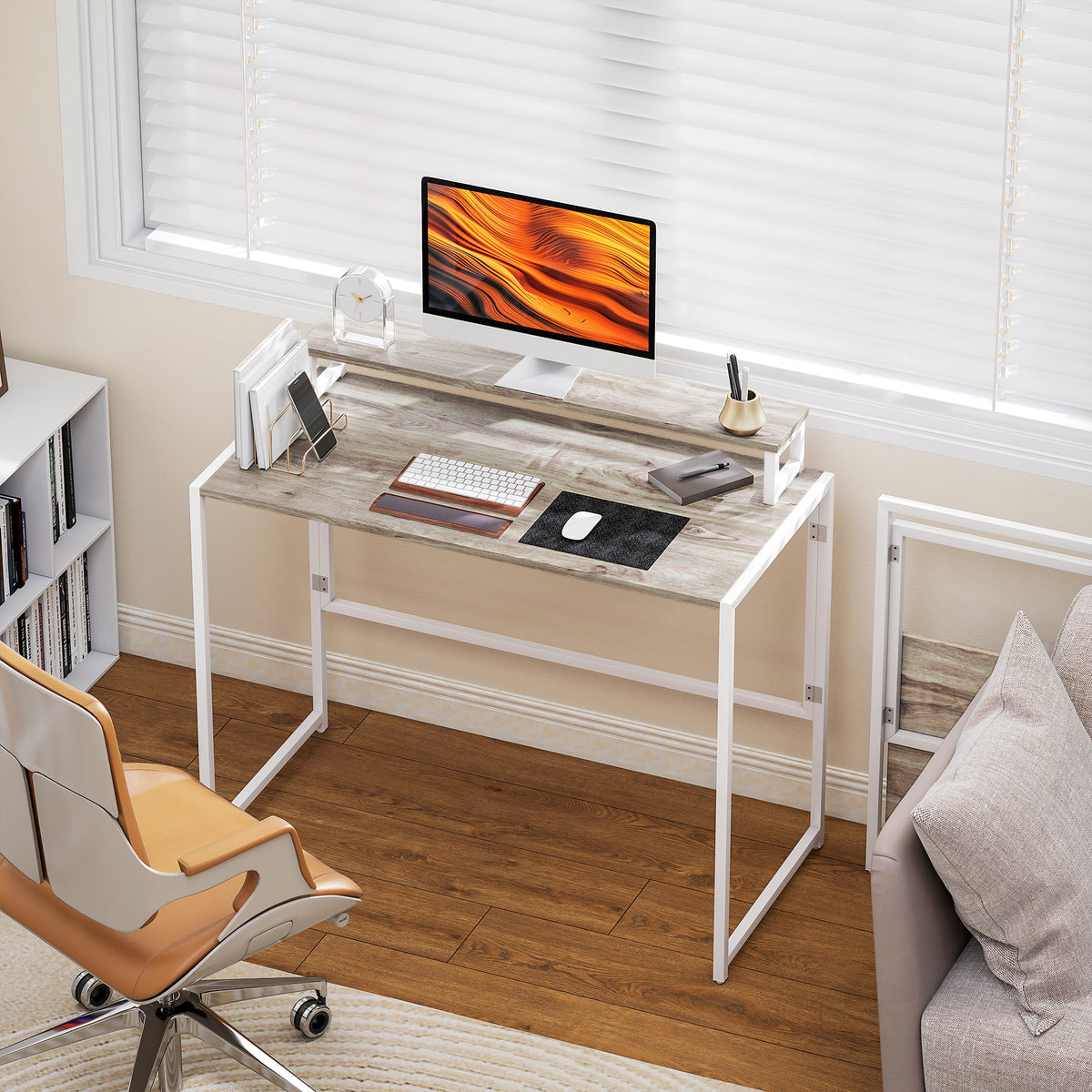 Secretária de computador dobrável com suporte para ecrã, para quarto, pequenos espaços, 100 x 48 x 87,5 cm, madeira natural — imagem 3