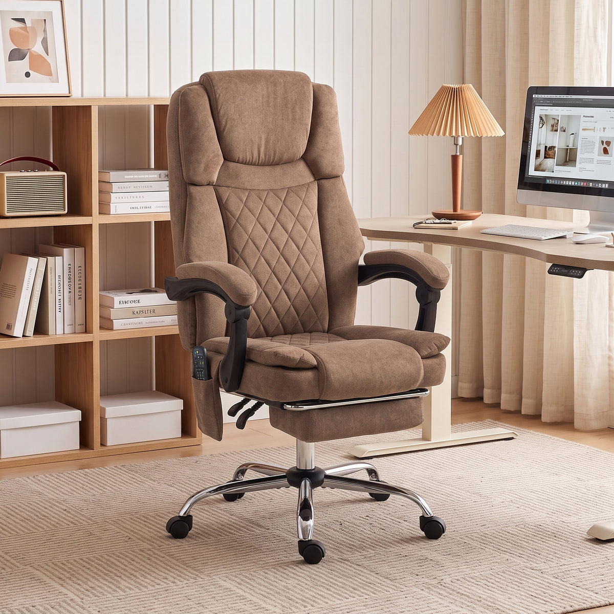 Cadeira de Escritório Massageadora Vibratória e Aquecedora, Cadeira de Escritório Ergonômica em Veludo Estampado, Encosto Reclinável, Marrom — imagem 3