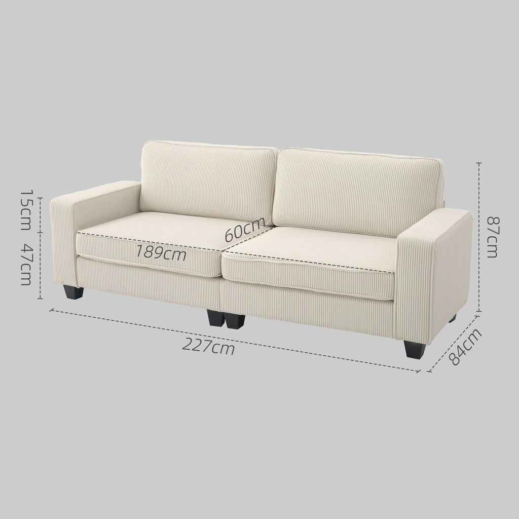 Sofá de 3 Lugares com Tecido Corduroso Sofá de Sala de Estar com Suspensão Até 400 Kg 227x84x87 cm Branco Creme — foto 2