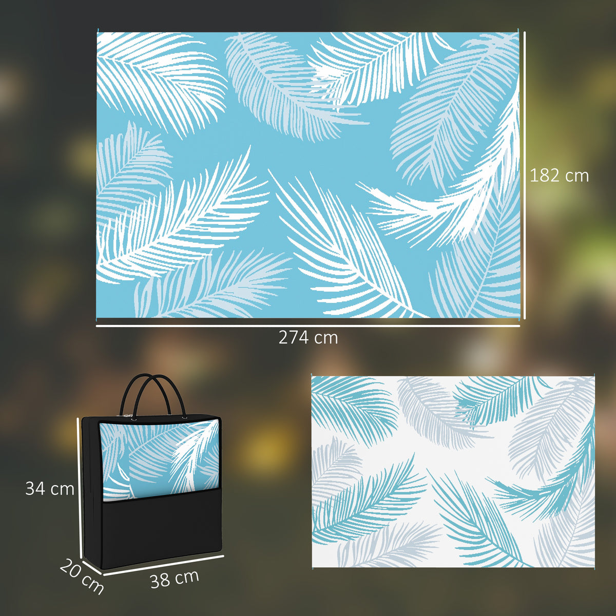 Tapete Exterior Reversível Robusto Resistente às Intempéries com Saco de Transporte e Âncoras de Solo 274x182 cm Azul claro e Branco — foto 2