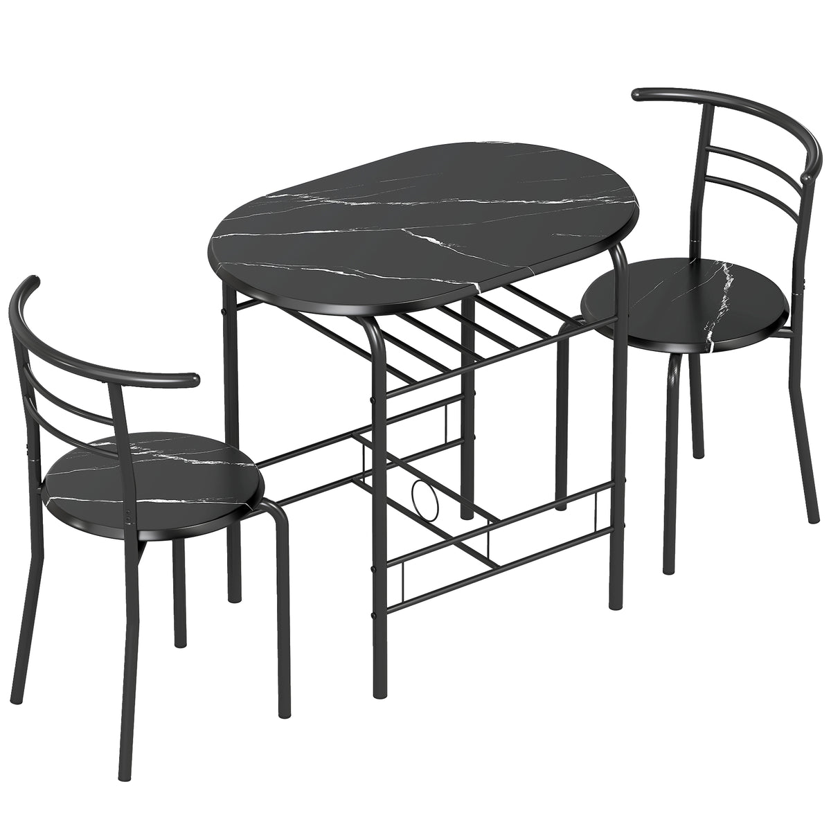 Conjunto de jantar 3 peças, mesa de cozinha e cadeiras para 2 pessoas com prateleira, sala de estar, efeito mármore preto — foto 1