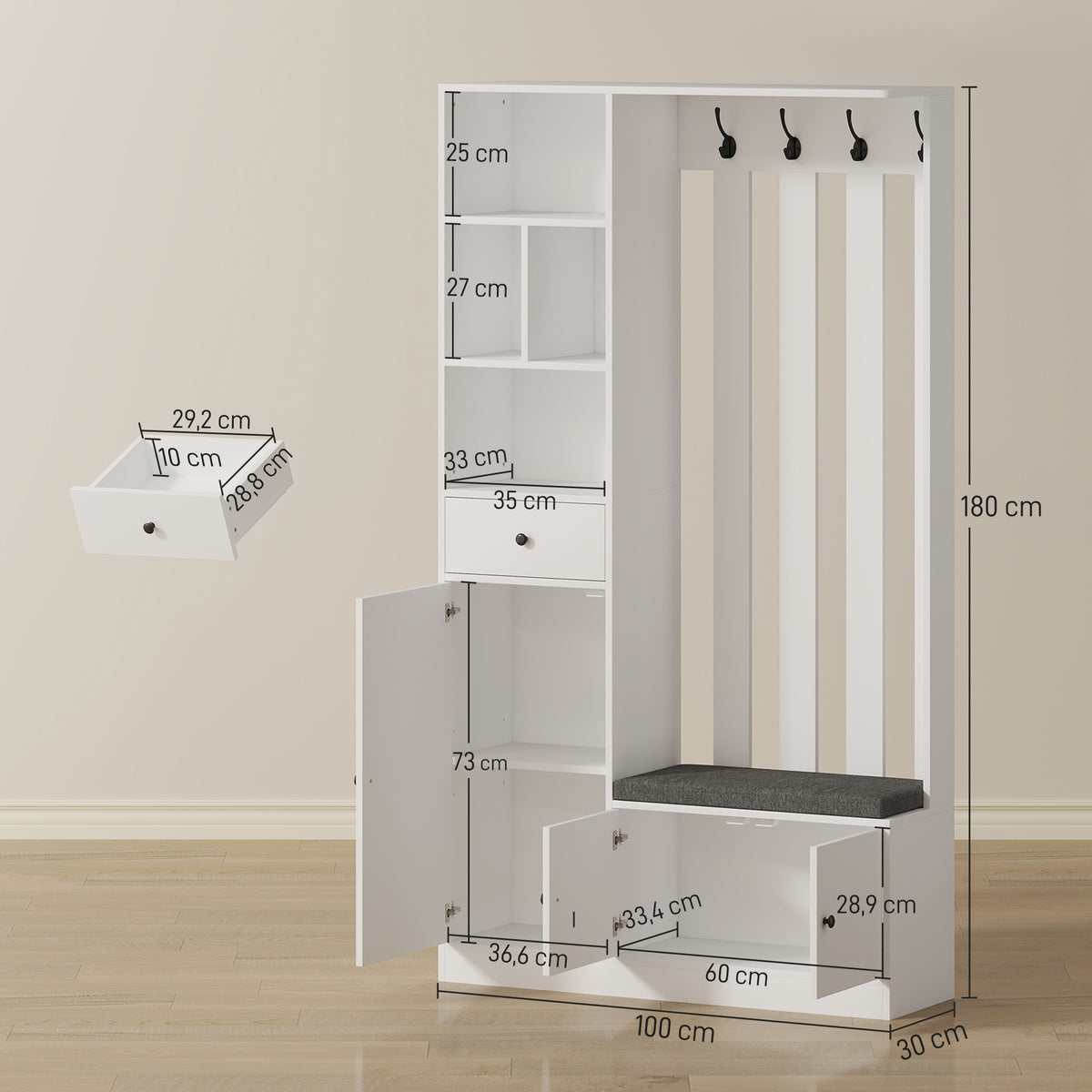 Móvel de entrada 4 em 1, armário de entrada com banco de arrumação, prateleira regulável, 4 ganchos, 100x30x180cm, branco — foto 2