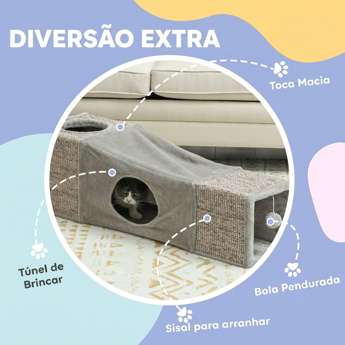 Túnel para Gatos de Interior Encaixável com Múltiplas Entradas, Tocas em Sisal e Bola Suspensa, 98x30x30 cm, Cinzento — imagem 9