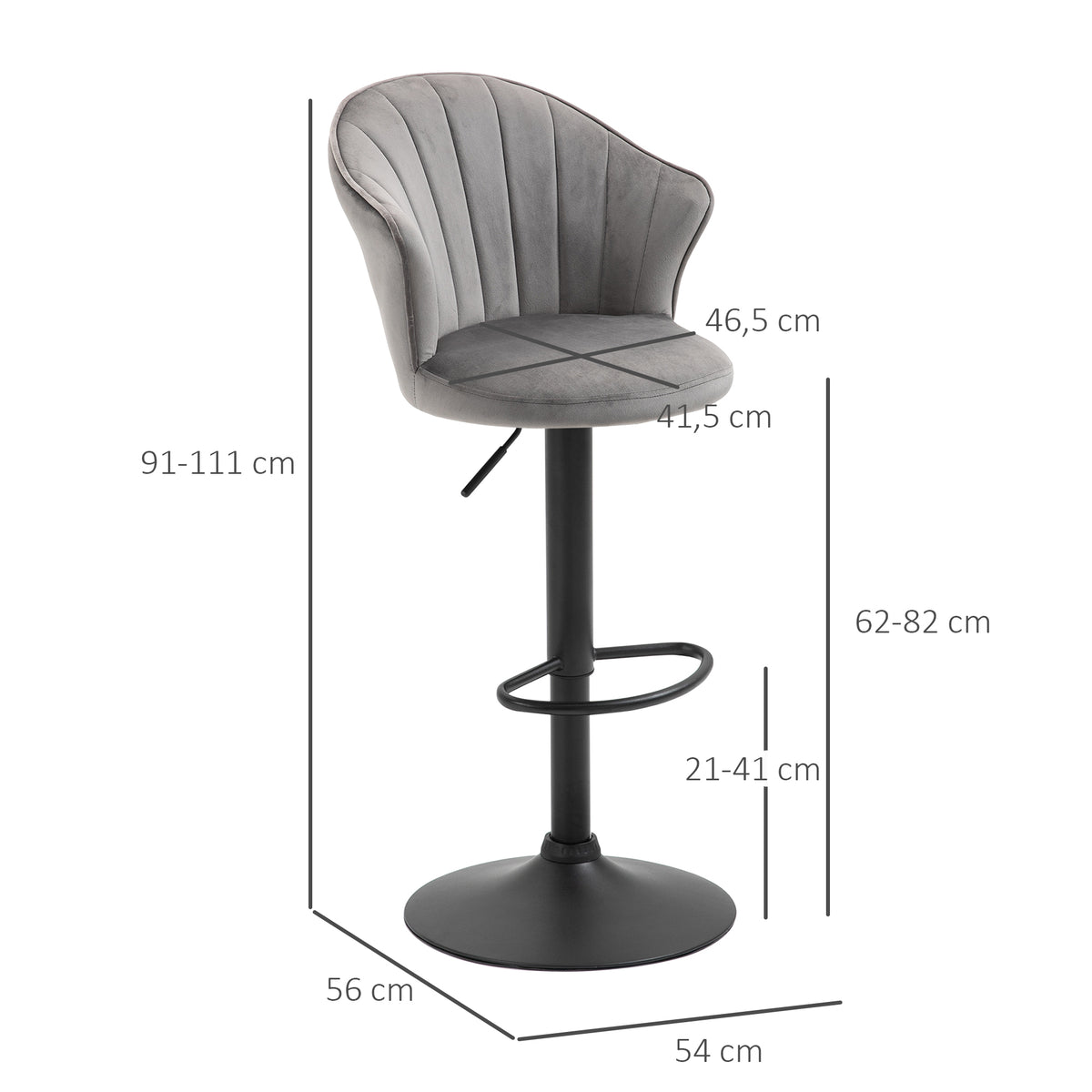Conjunto de 2 banquetas de bar giratórias com encosto Toque em veludo Banqueta bistrô com altura ajustável Sem braços Espuma Cinza 54 x 56 x 91-111 cm — foto 2