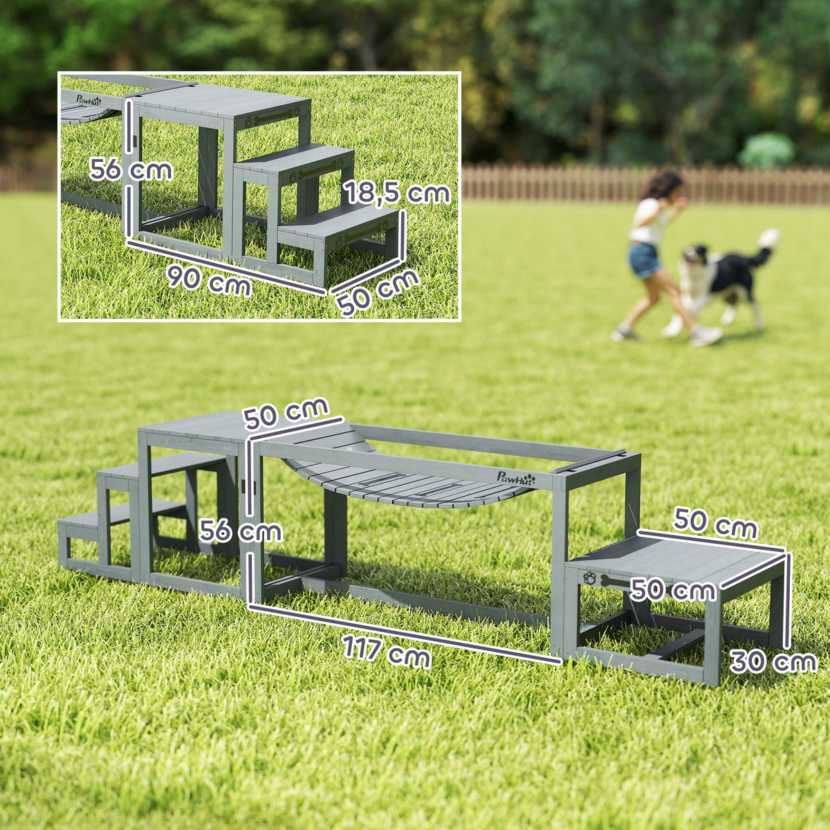 Conjunto Agilidade para Cães 3 peças Equipamento de Agilidade com Ponte Escada Plataforma Madeira de Abeto 117x50x56 cm Cinza — foto 2