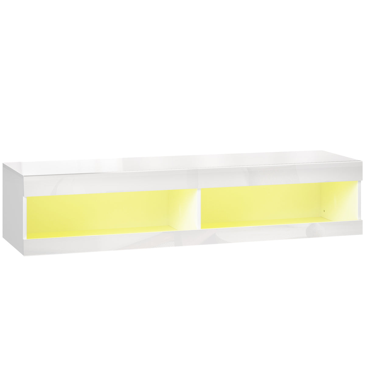 Armário de TV, lowboard de TV suspenso com iluminação LED RGB em 16 cores, suporte para TV com armazenamento aberto, para TVs de 140-152 cm, para sala de estar, quarto, 140 x 40 x 30 cm, Branco alto brilho — foto 1