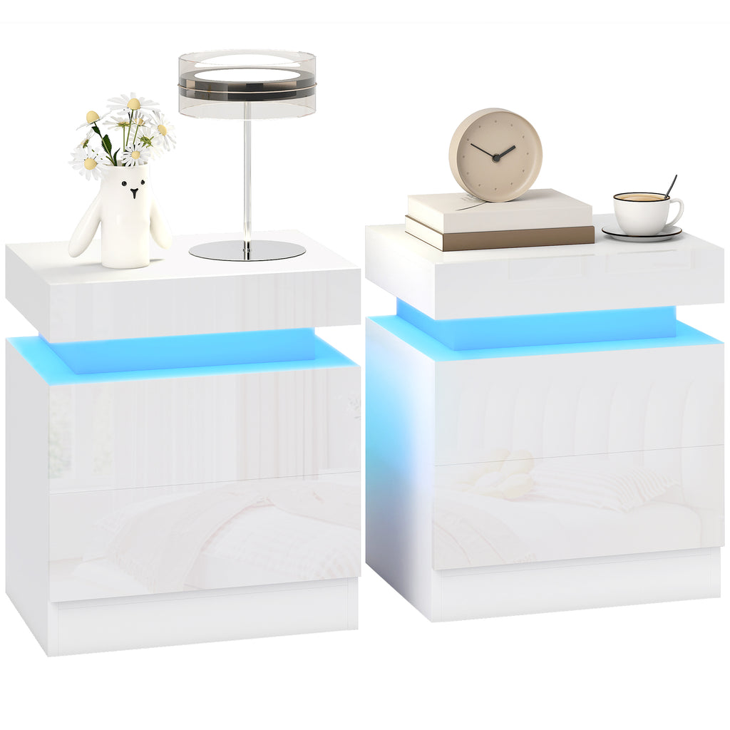 Conjunto 2 Mesas de Cabeceira LED a 16 Cores e 4 Modos com 2 Gavetas em Madeira 45x35x52 cm Branco Brilhante — imagem 6