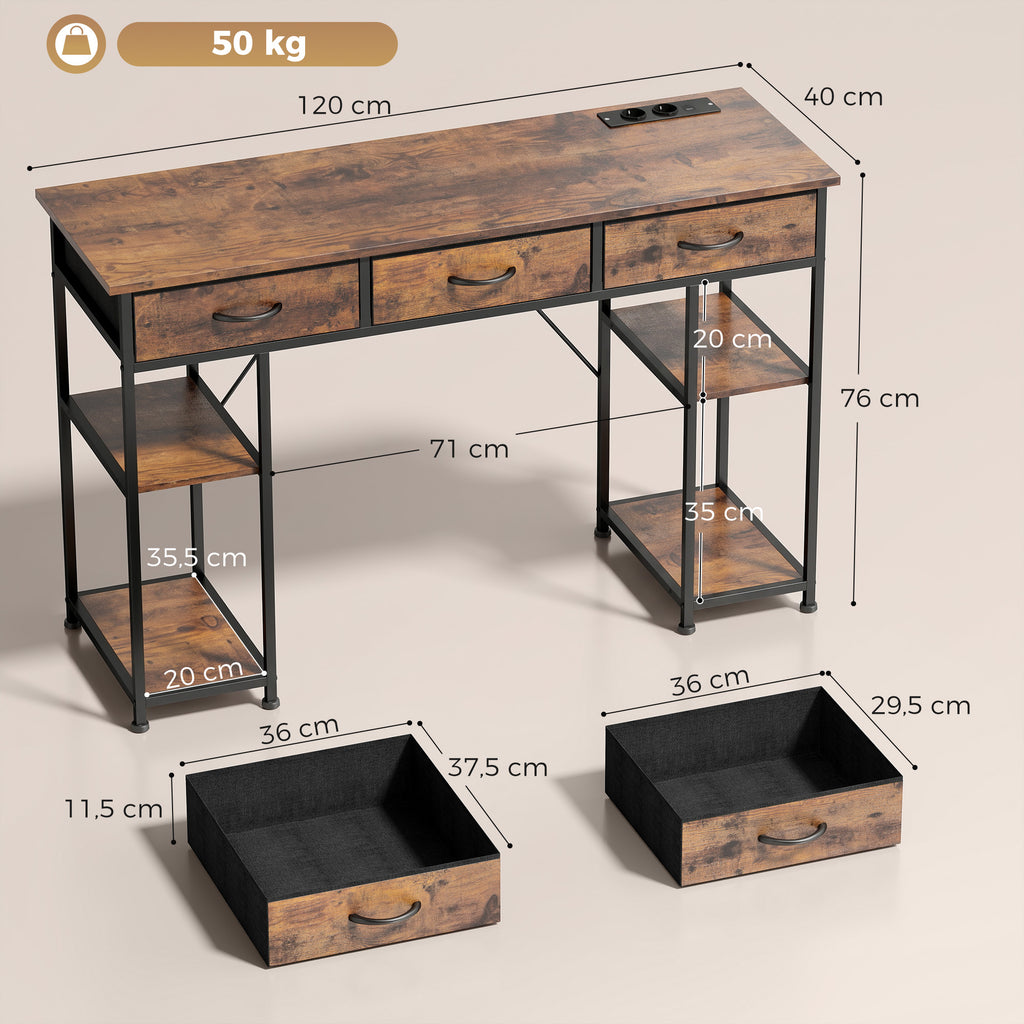 Secretária com Arrumação com Tomadas Elétricas 3 Gavetas em Tecido e 4 Prateleiras de Arrumação 120x40x76 cm Castanho — foto 2