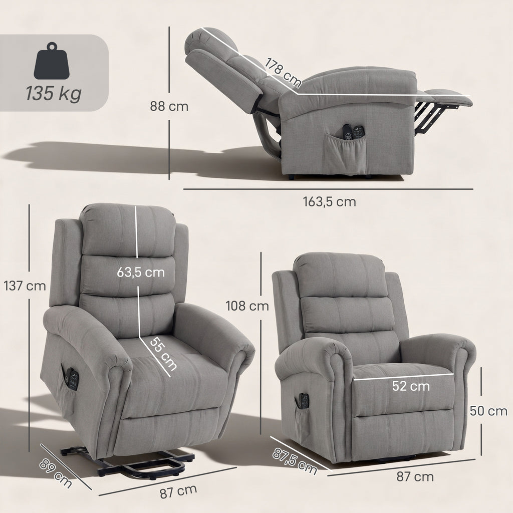 Poltrona Relax com Massagem Vibratória e Função de Aquecimento Poltrona com Elevação com Porta USB Bolsos Laterais e Controles Remotos Cinza Claro — foto 2