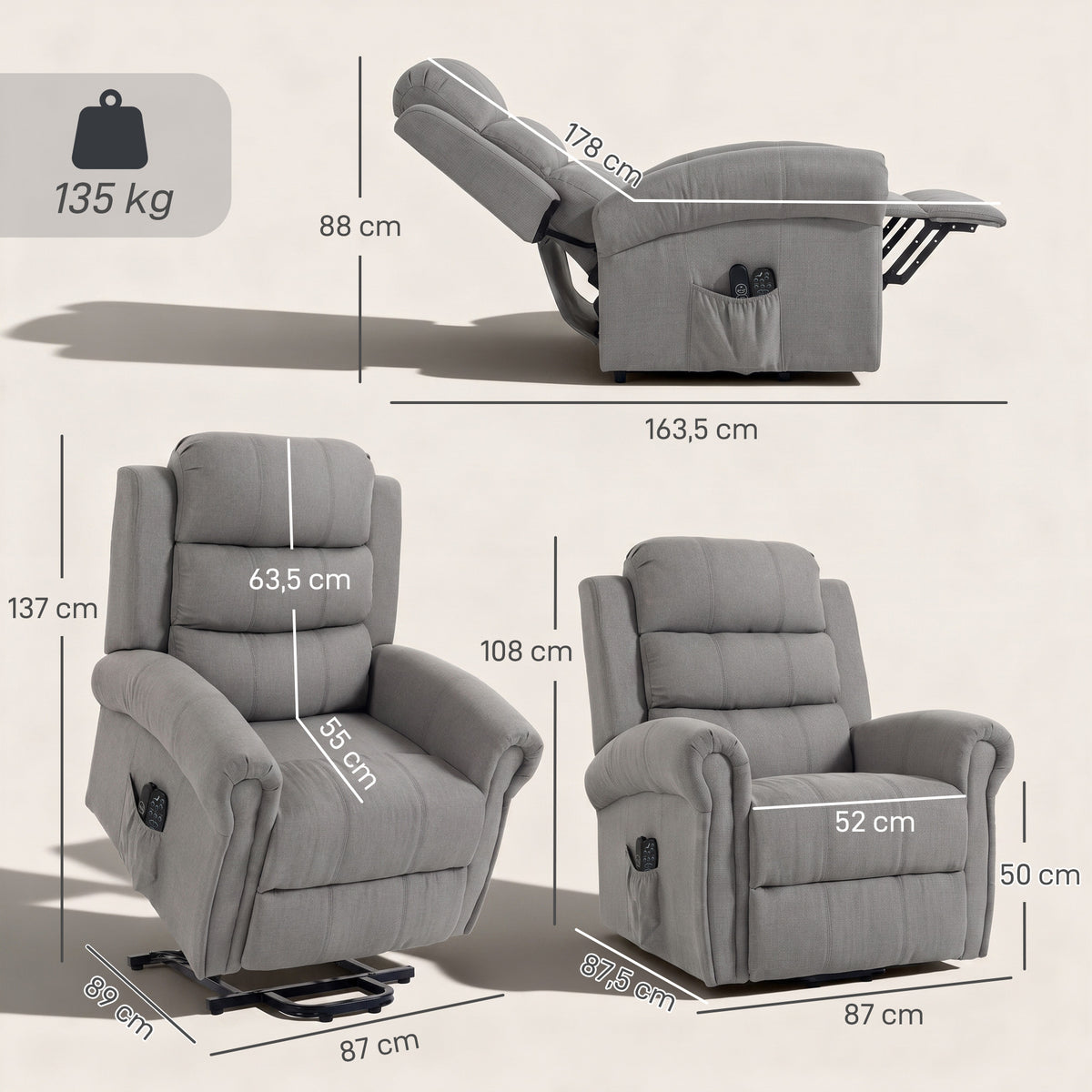 Poltrona Relax com Massagem Vibratória e Função de Aquecimento Poltrona com Elevação com Porta USB Bolsos Laterais e Controles Remotos Cinza Claro — foto 2