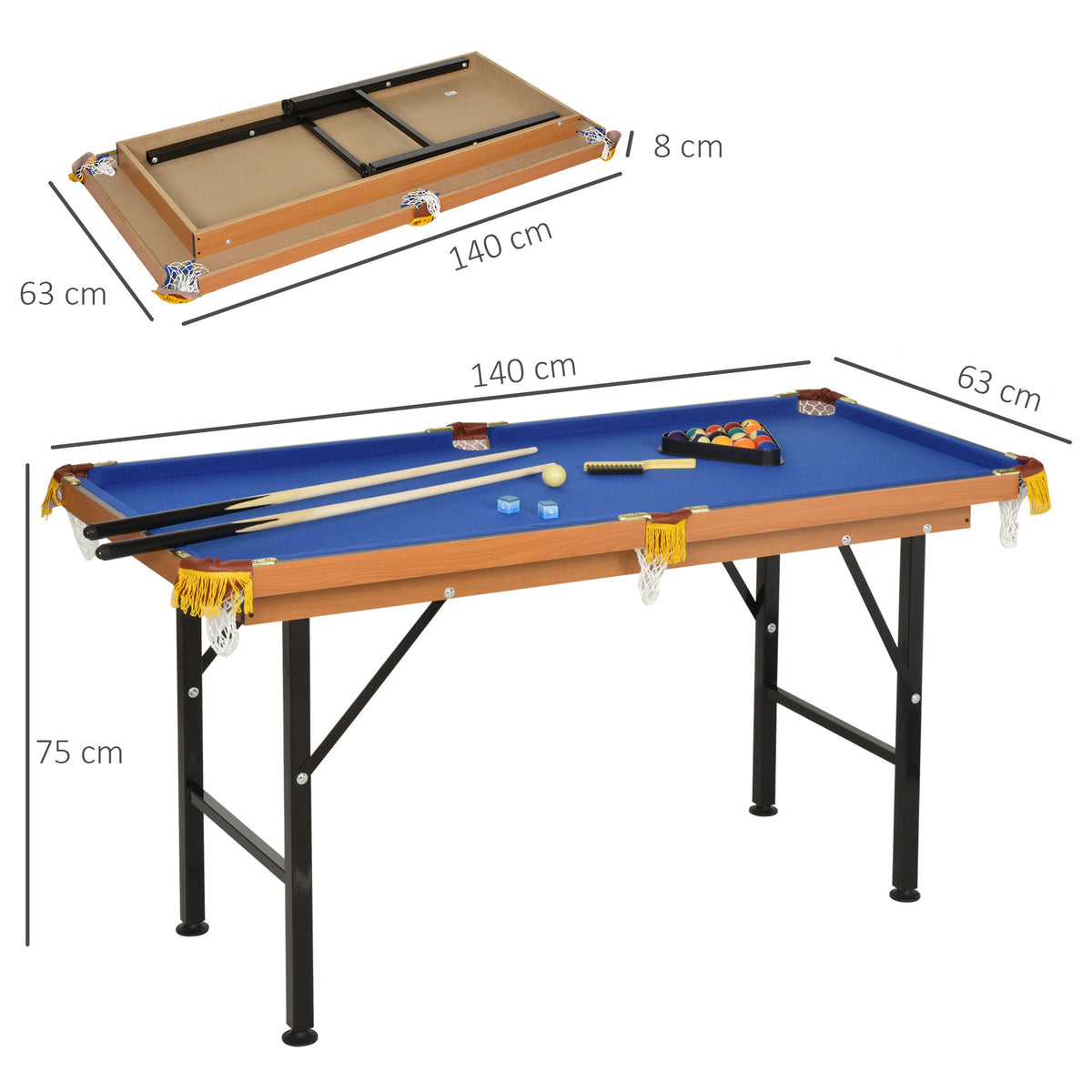Mesa de Bilhar Dobrável Mini Mesa de Sinuca com 2 Tacos 16 Bolas Giz Triângulo, Acessórios 140 x 63 x 75 cm — foto 2
