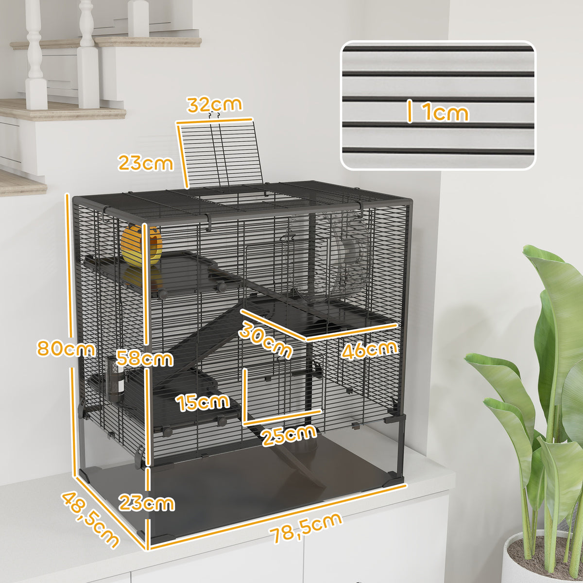 Gaiola para hamsters com fundo de vidro, Viveiro de 4 níveis com casinha e acessórios, 78,5L x 48,5B x 80H cm, Preto — foto 2