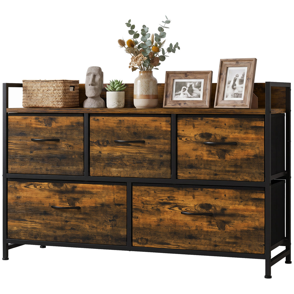 Cómoda de Quarto com 5 Gavetas, Cómoda em Tecido com Tampo de Madeira, Castanho e Preto — imagem 11