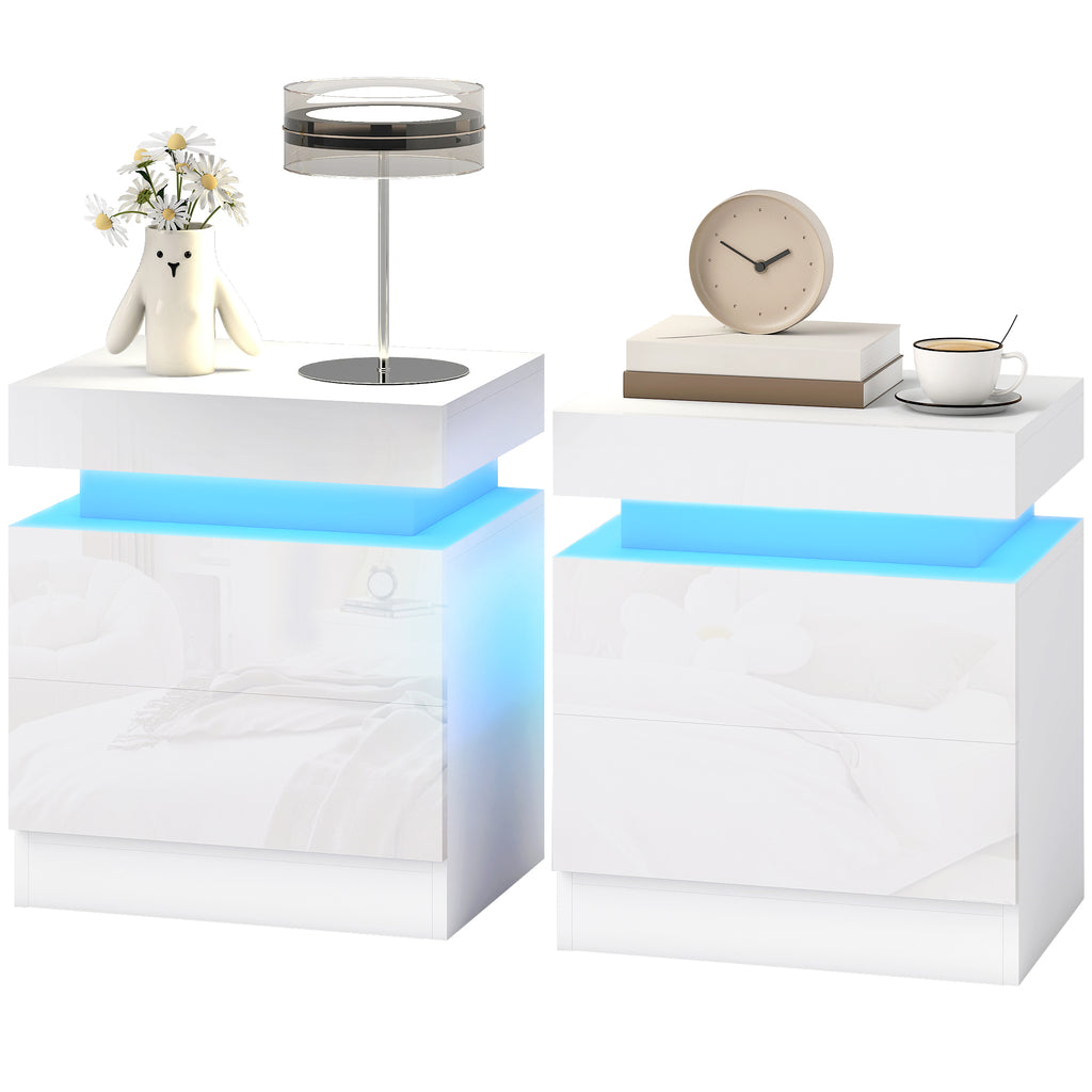 Conjunto 2 Mesas de Cabeceira LED a 16 Cores e 4 Modos com 2 Gavetas em Madeira 45x35x52 cm Branco Brilhante — imagem 7