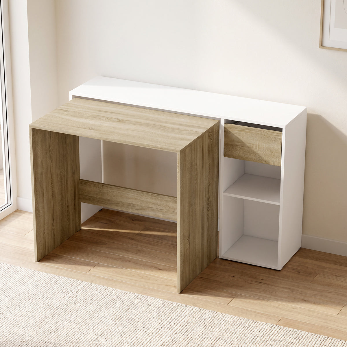 Mesa para Computador Encaixável Conjunto de 2, Mesa de Escritório 80/117 cm com Gaveta e Prateleiras Abertas, Branco e Carvalho — imagem 3