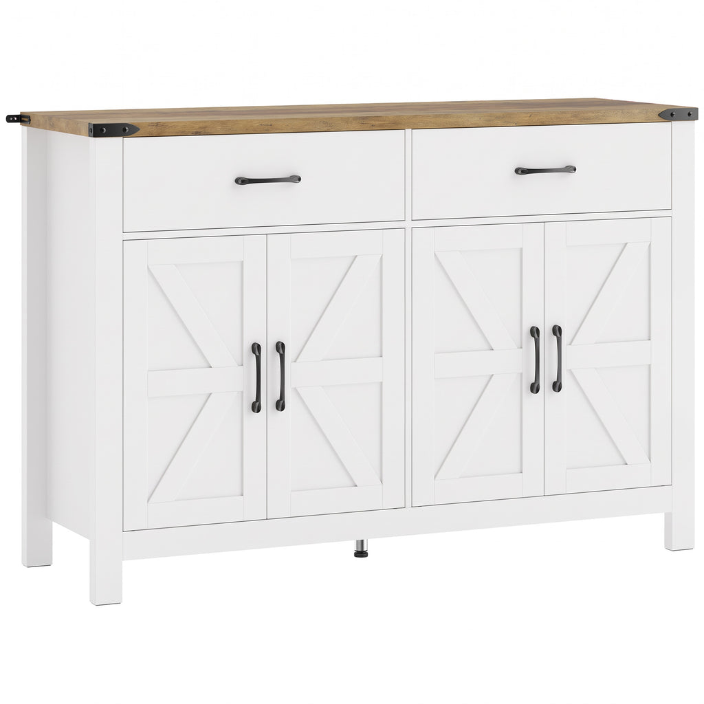 Buffet móvel de arrumação estilo rústico 2 gavetas e 2 armários com prateleiras ajustáveis, 120 x 39,3 x 82,5 cm, branco — foto 1