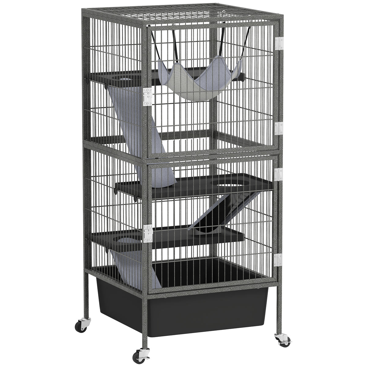 Gaiola para Pequenos Animais 4 Andares com Bandeja Elevável Rampas Rede Rodízios Plataformas 52x52x115 cm Cinza — foto 1
