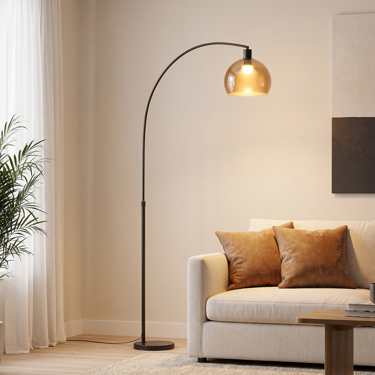 Candeeiro de Pé em Arco para Sala com Cúpula Ajustável e Base em Mármore Preto e Cinzento Fumado — imagem 3