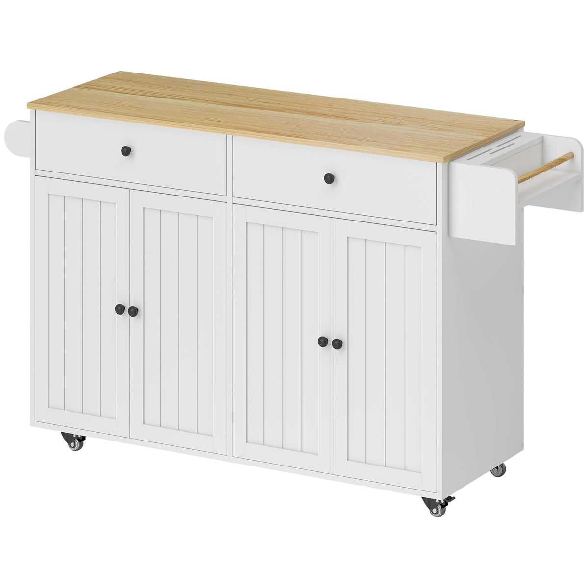 Ilha de Cozinha Rolável, 2 Gavetas, 2 Armários, Deslocável, Prateleira para Temperos, Suporte para Toalhas, Suporte para Facas, MDF, Branco — foto 1
