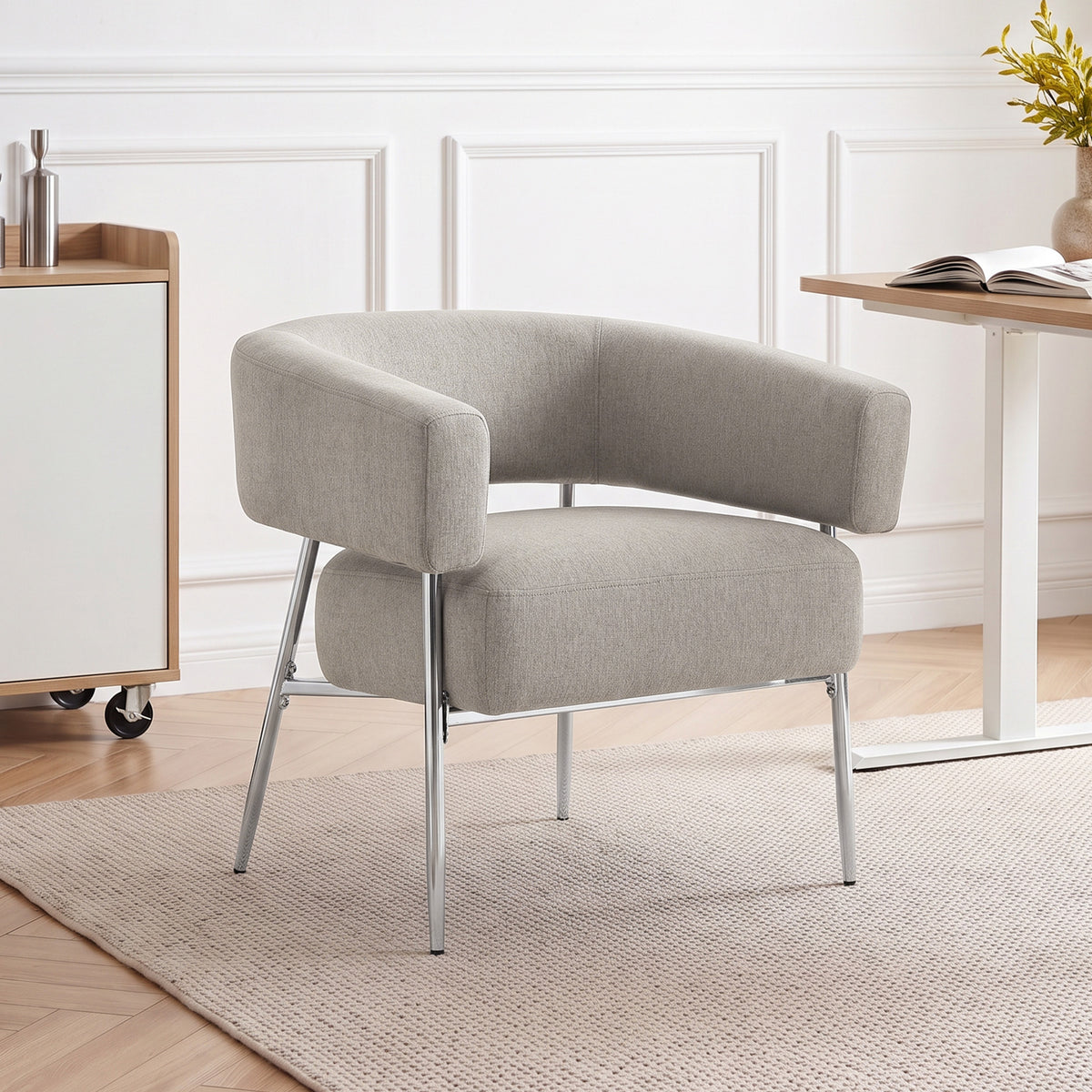Poltrona de Sala, Poltrona de Apoio Acolchoada em Tecido Efeito Linho, Encosto Curvo e Braços, Estilo Moderno, Castanho — imagem 3