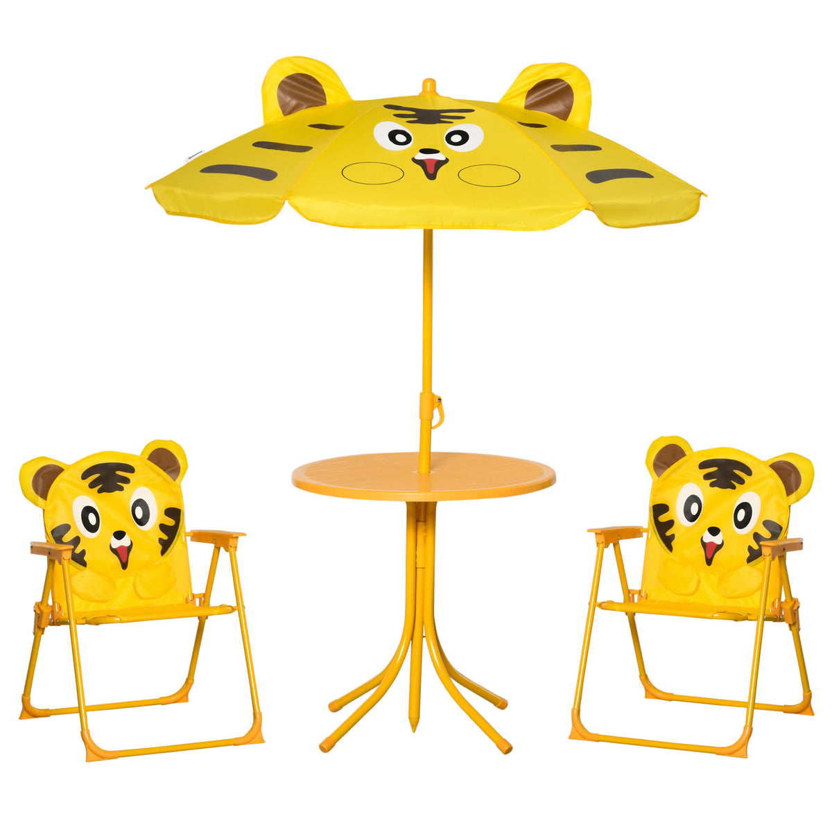 Conjunto de Mobiliário de Jardim para Crianças 4 Pcs Tigre Mesa Redonda 2 Cadeiras Dobráveis Guarda Sol Metal Oxford Amarel — foto 1