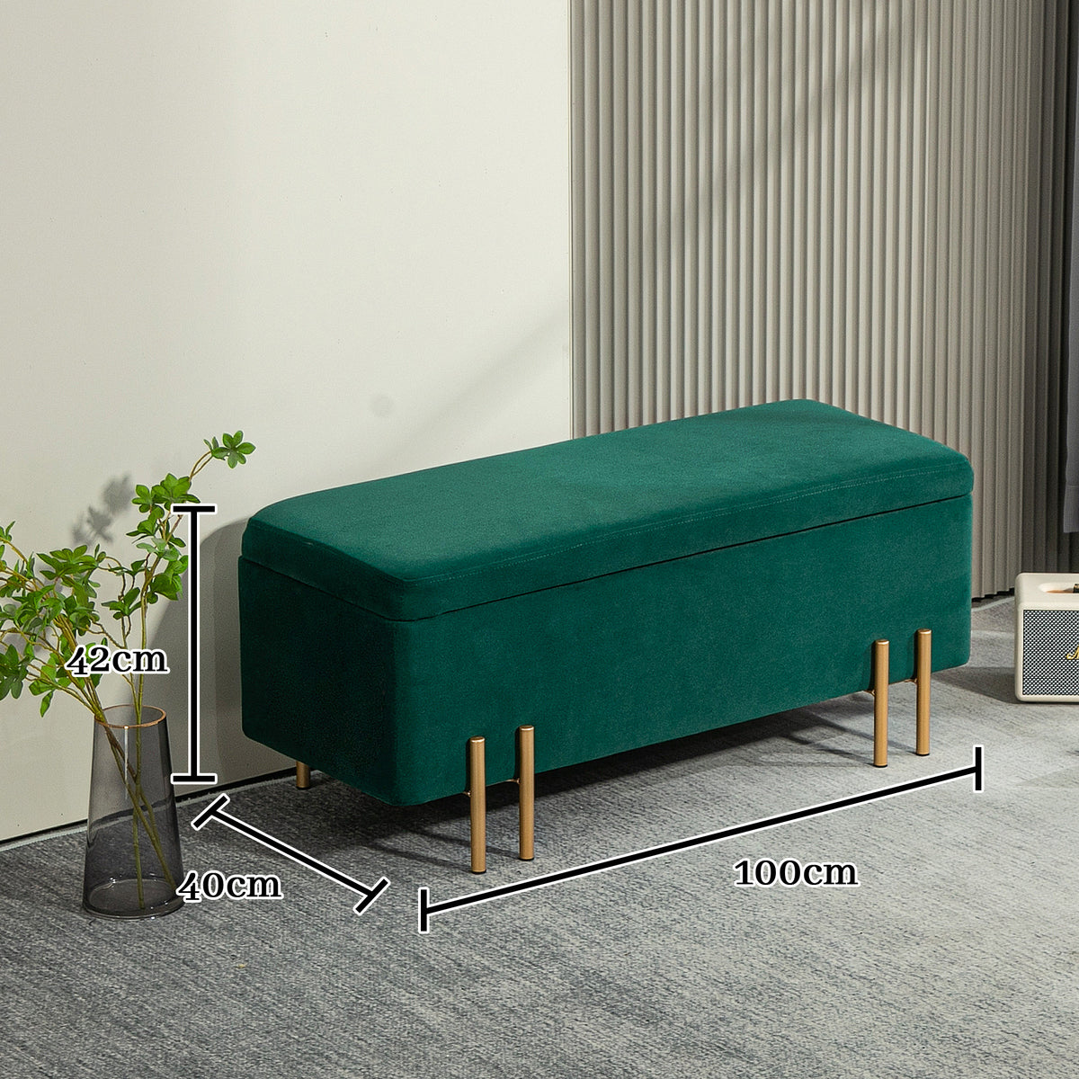 Banco com Baú Banco Estofado com Armazenamento Metal Madeira de Seringueira Espuma 100x40x42 cm Verde — foto 2