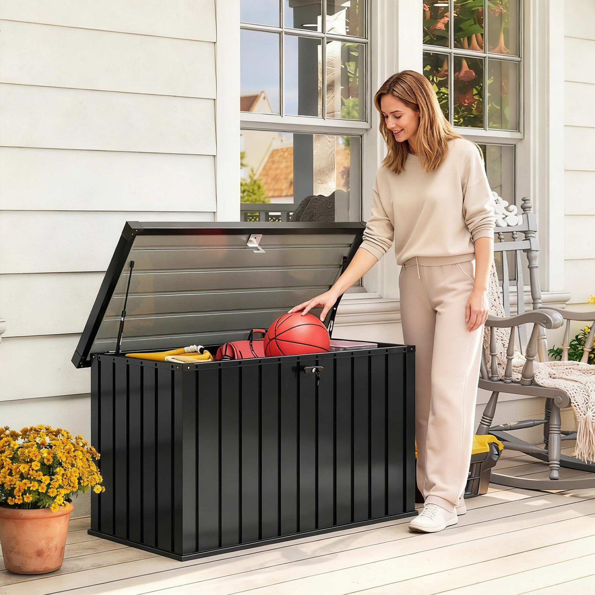 Baú Exterior 400L em Aço Galvanizado com Fechadura e 2 Chaves 124x66x72 cm Preto — imagem 3