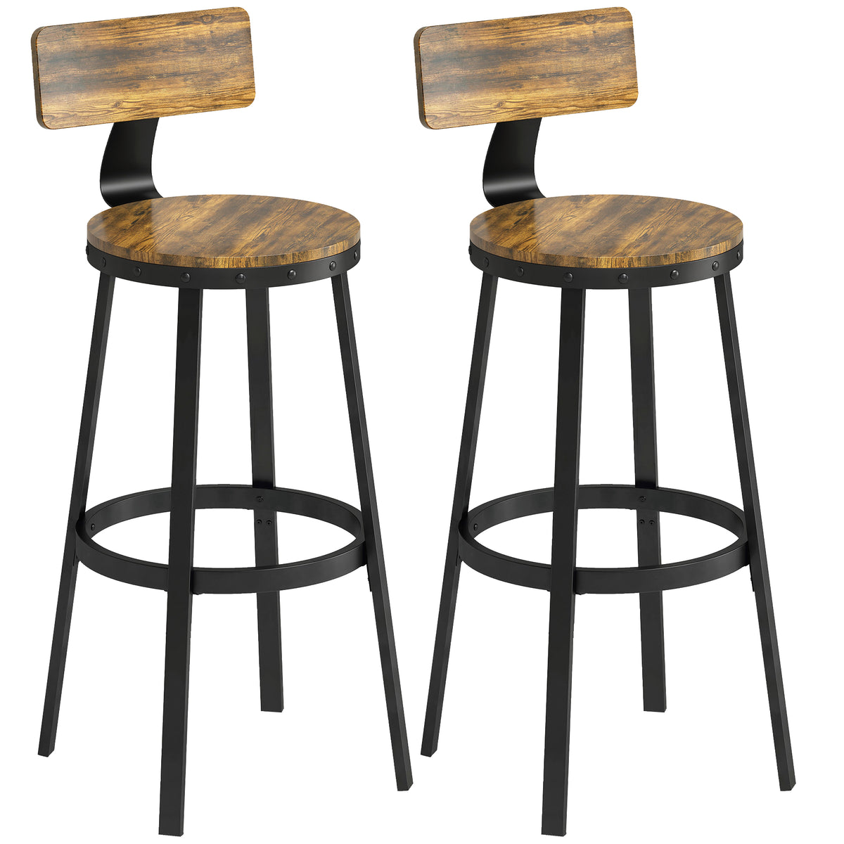 Conjunto 2 Bancos de Bar Estilo Rústico com Apoio para os Pés em Madeira e Metal 37x47x96 cm Castanho — foto 1