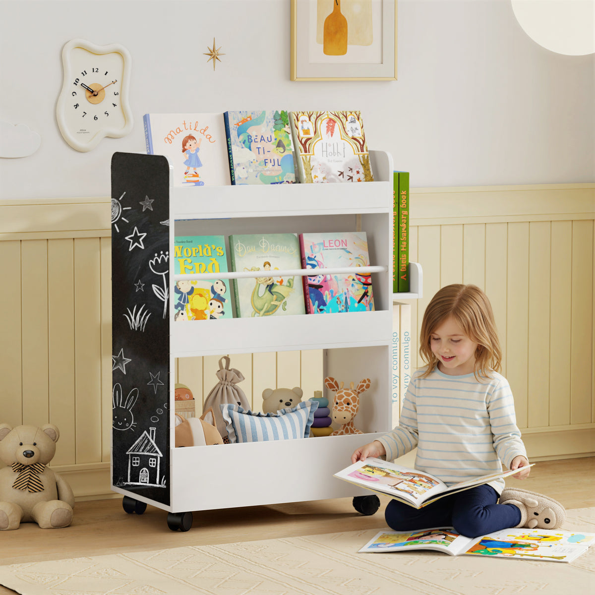 Estante Infantil com Rodas Arrumação para Livros de 3 a 8 Anos com Quadro-Negro 66,5x32,5x86,5cm Branco — imagem 3