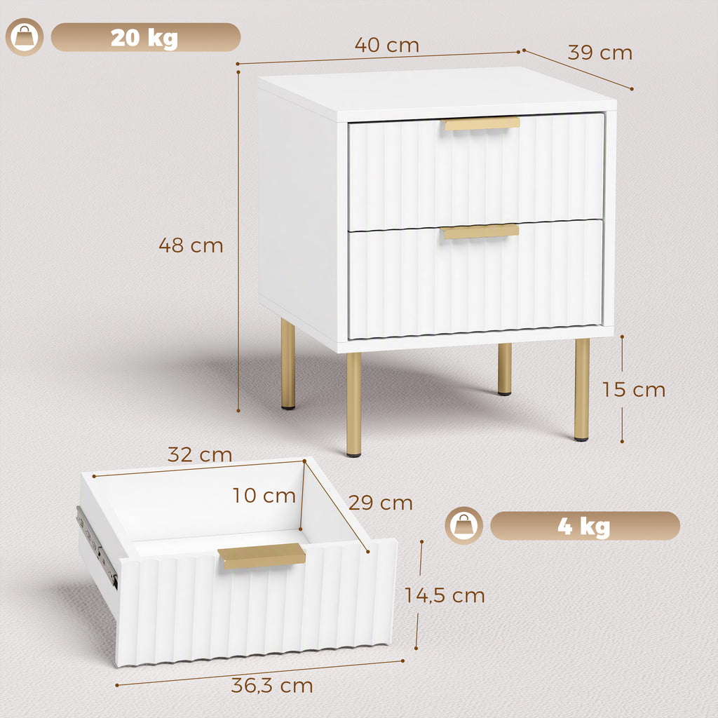 Mesa de Cabeceira Canelada com 2 Gavetas e Pés em Aço para Quarto e Sala Branco — foto 2