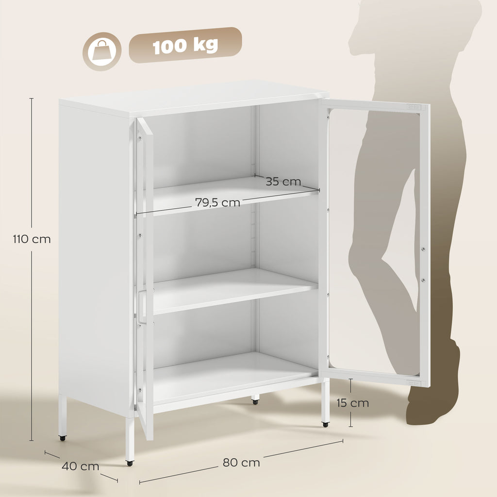 Móvel Porta Documentos em Aço com 2 Portas de Vidro e Prateleiras Reguláveis 80x40x110 cm Branco — foto 2