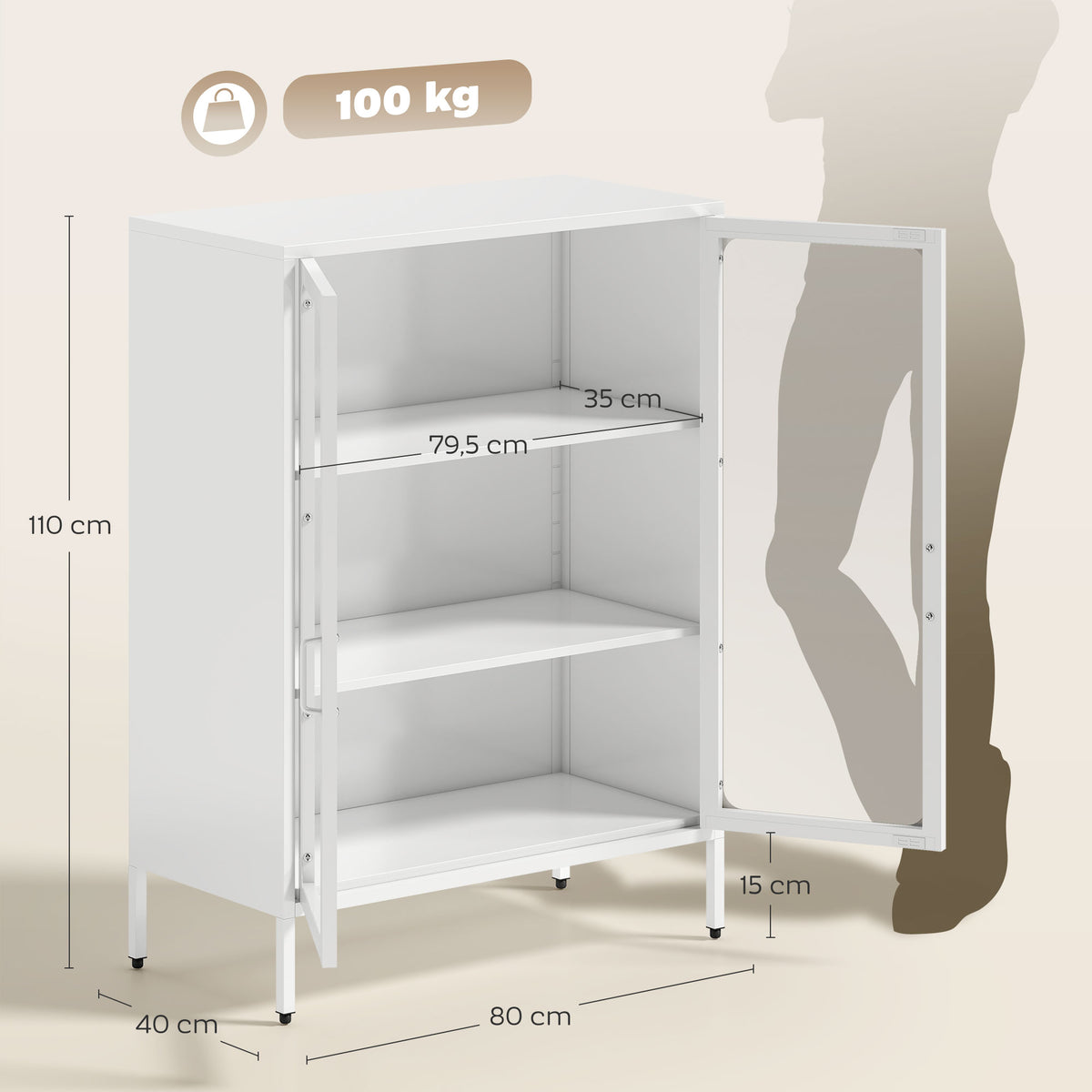 Móvel Porta Documentos em Aço com 2 Portas de Vidro e Prateleiras Reguláveis 80x40x110 cm Branco — foto 2
