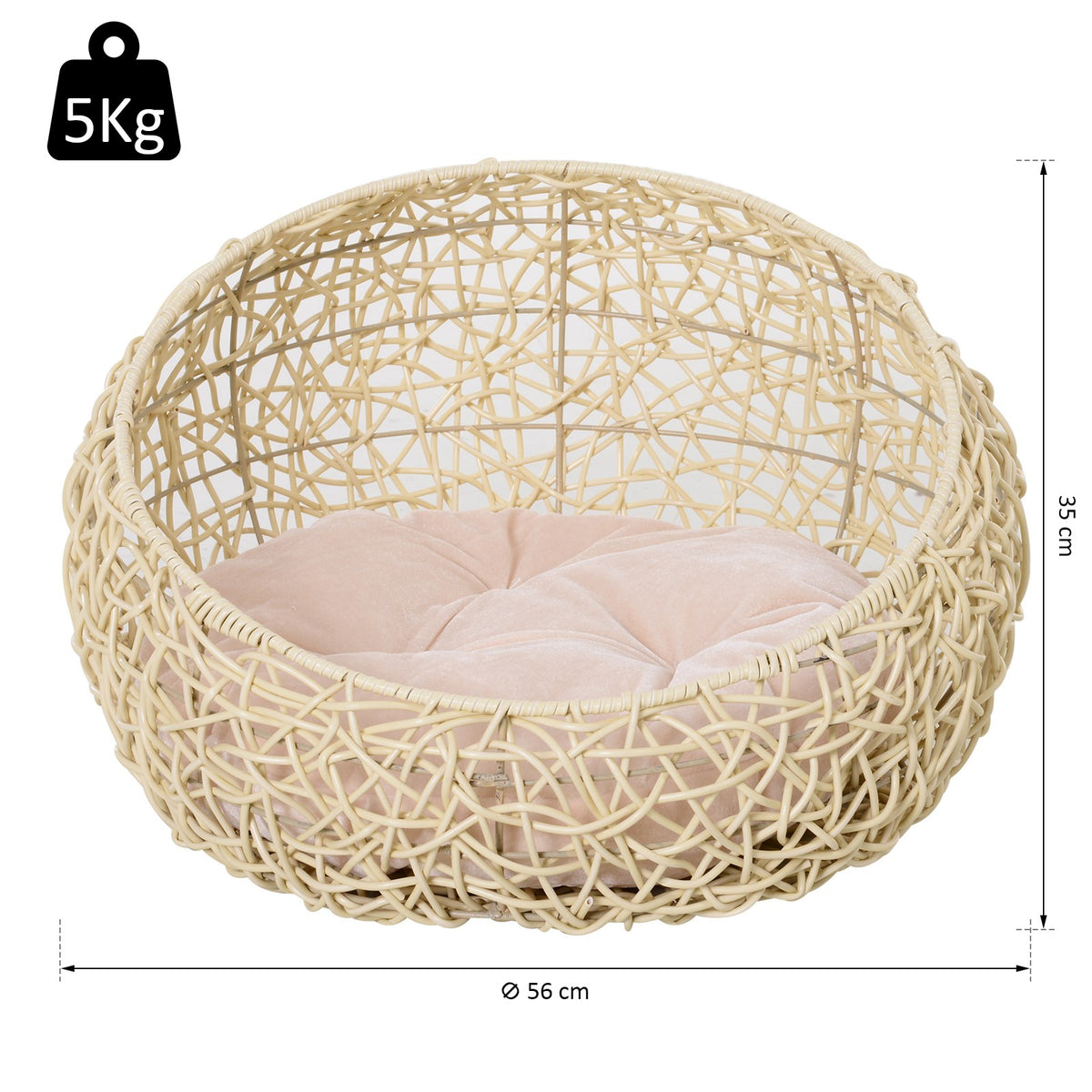 Cama de Rattan para Gatos Cama/Casa com Almofada Tenda para Animais de Estimação para Gatos e Cães Bege Ø56x35 cm — foto 2
