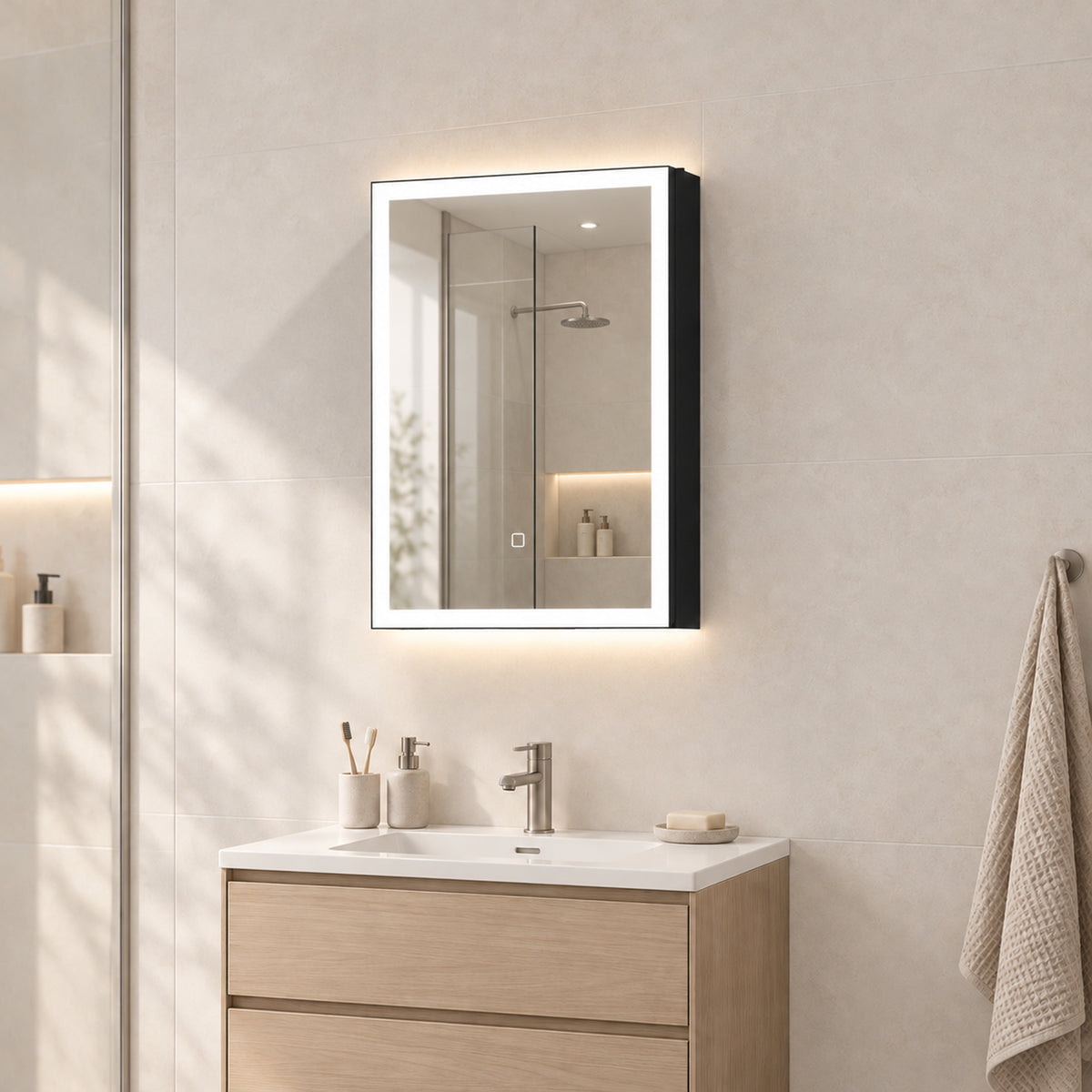 Armário de casa de banho LED antivapor preto 50 x 13,5 x 70 cm — imagem 3