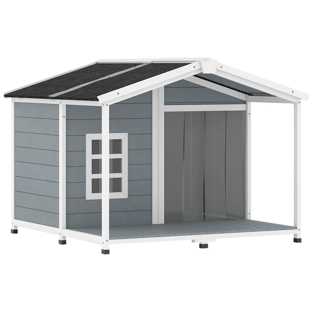 Casota para Cães Resistente às Intempéries Elevada em Madeira com Telhado de Betume Terraço para Cães de Porte Médio 103x107x83,5 cm Cinza — foto 1