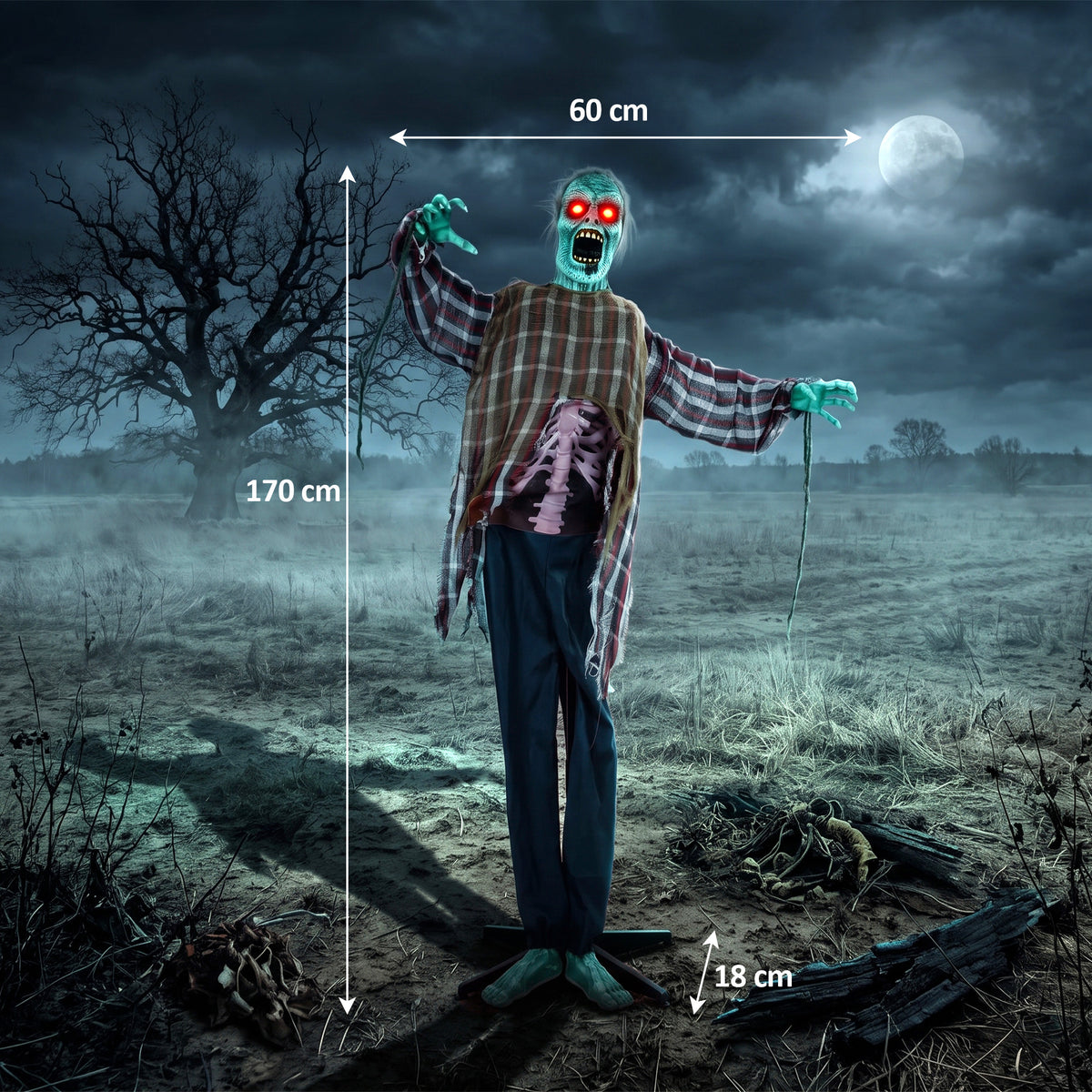 Zumbi Animado de Halloween em Tamanho Real 170 cm com Ativação por Som e Toque Decoração Assustadora — foto 2