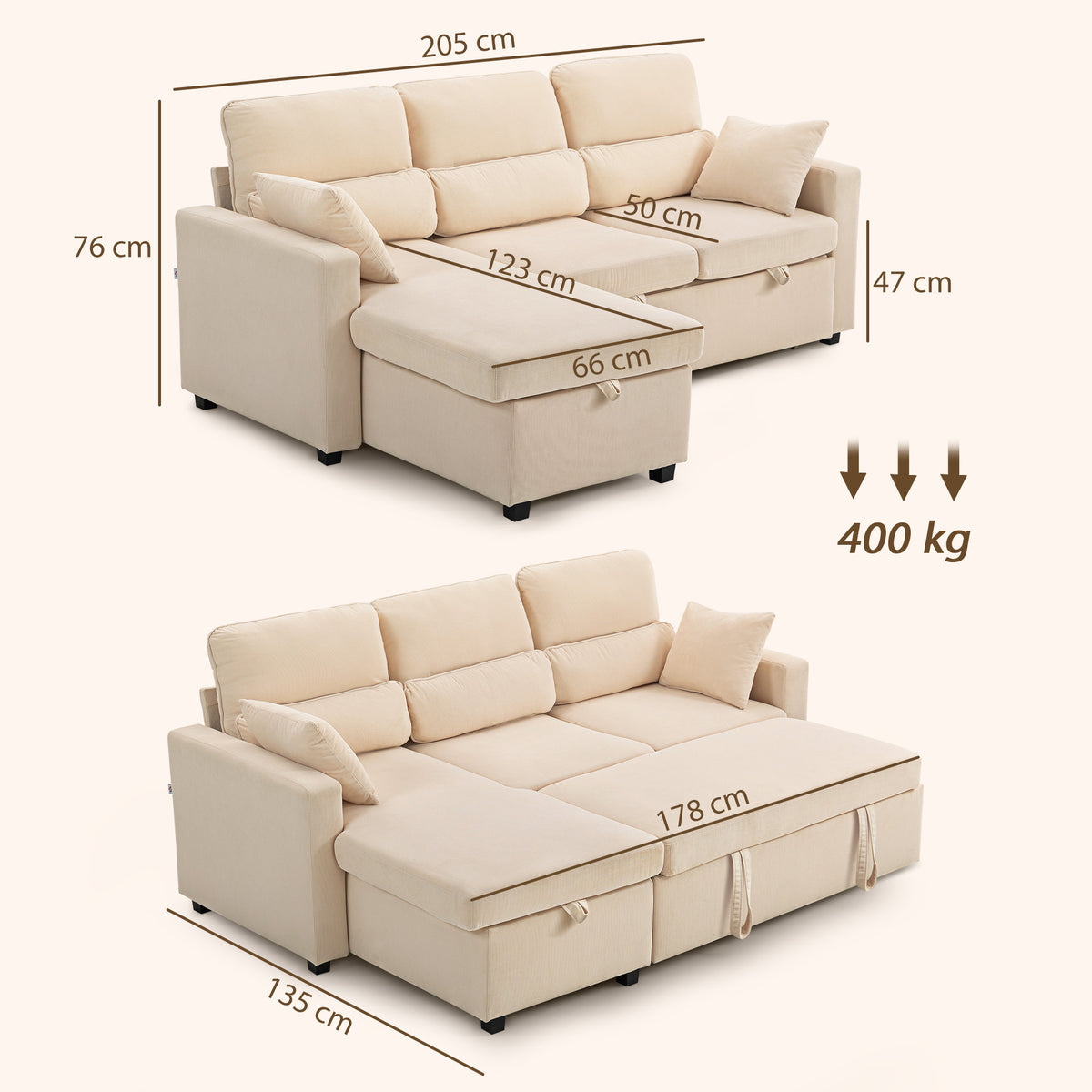 Sofá-cama ajustável, sofá de hóspedes em L com função de dormir, arrumação, almofadas, para sala de estar, quarto de hóspedes, Bege — foto 2