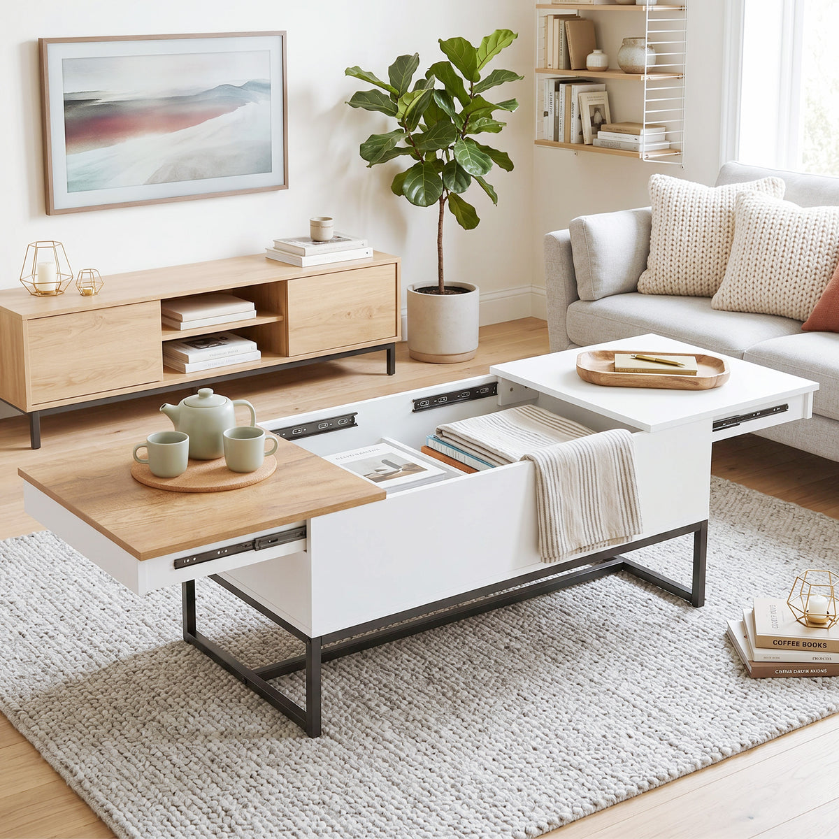 Mesa de Centro Extensível com Tampo Deslizante Mesa de Sala com Compartimento de Armazenamento Oculto e Pés em Aço Branco — imagem 3