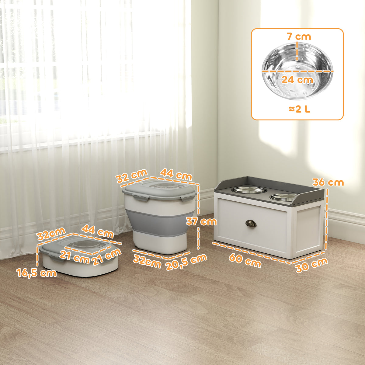 Conjunto de 1 Comedouro Elevado para Cães Grandes com 2 Tigelas de Aço Inoxidável e 1 Recipiente de Comida Branco — foto 2