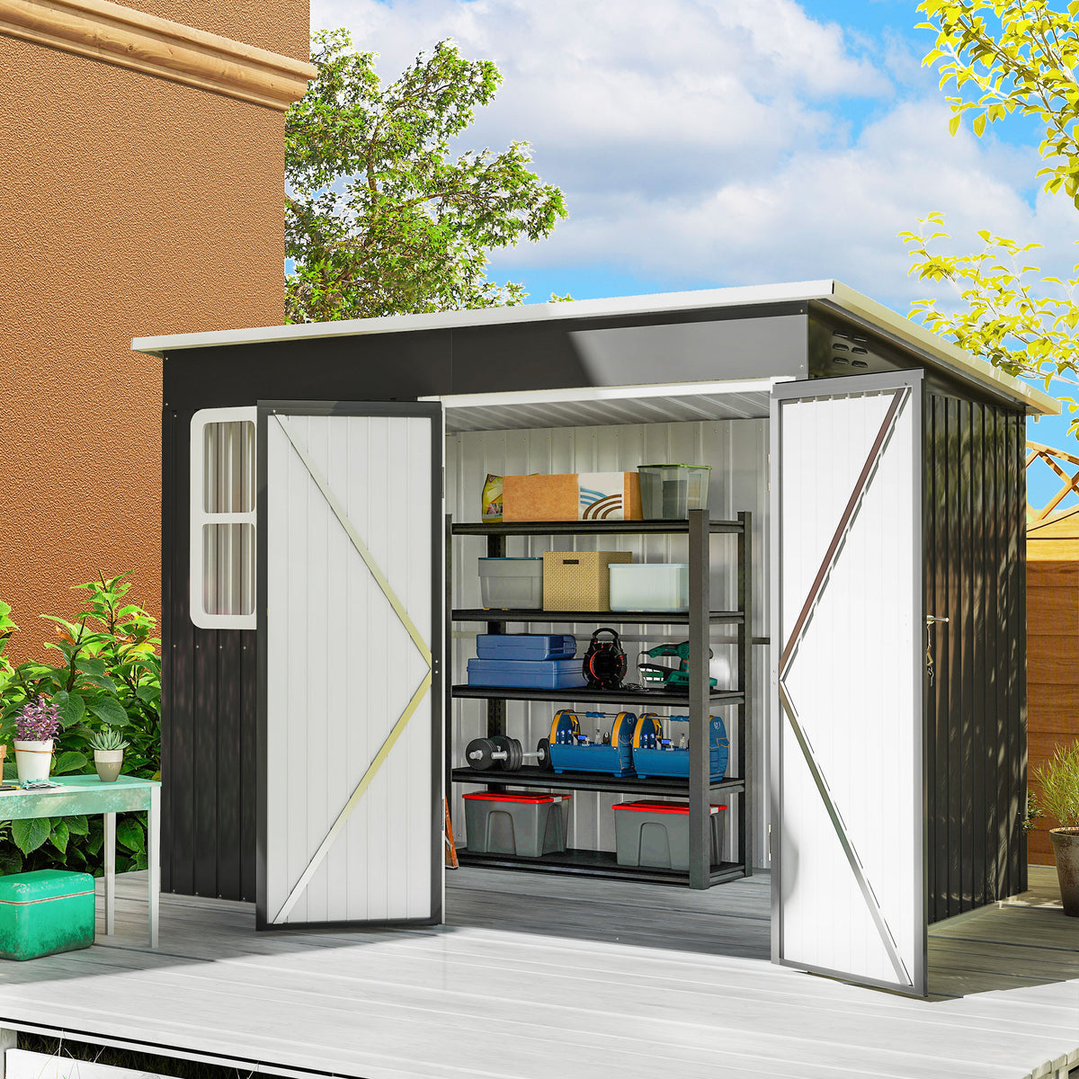 Abrigo metálico para armazenamento de ferramentas de jardim, com janela, porta larga, 260 x 177 x 190 cm, cinza escuro — imagem 3