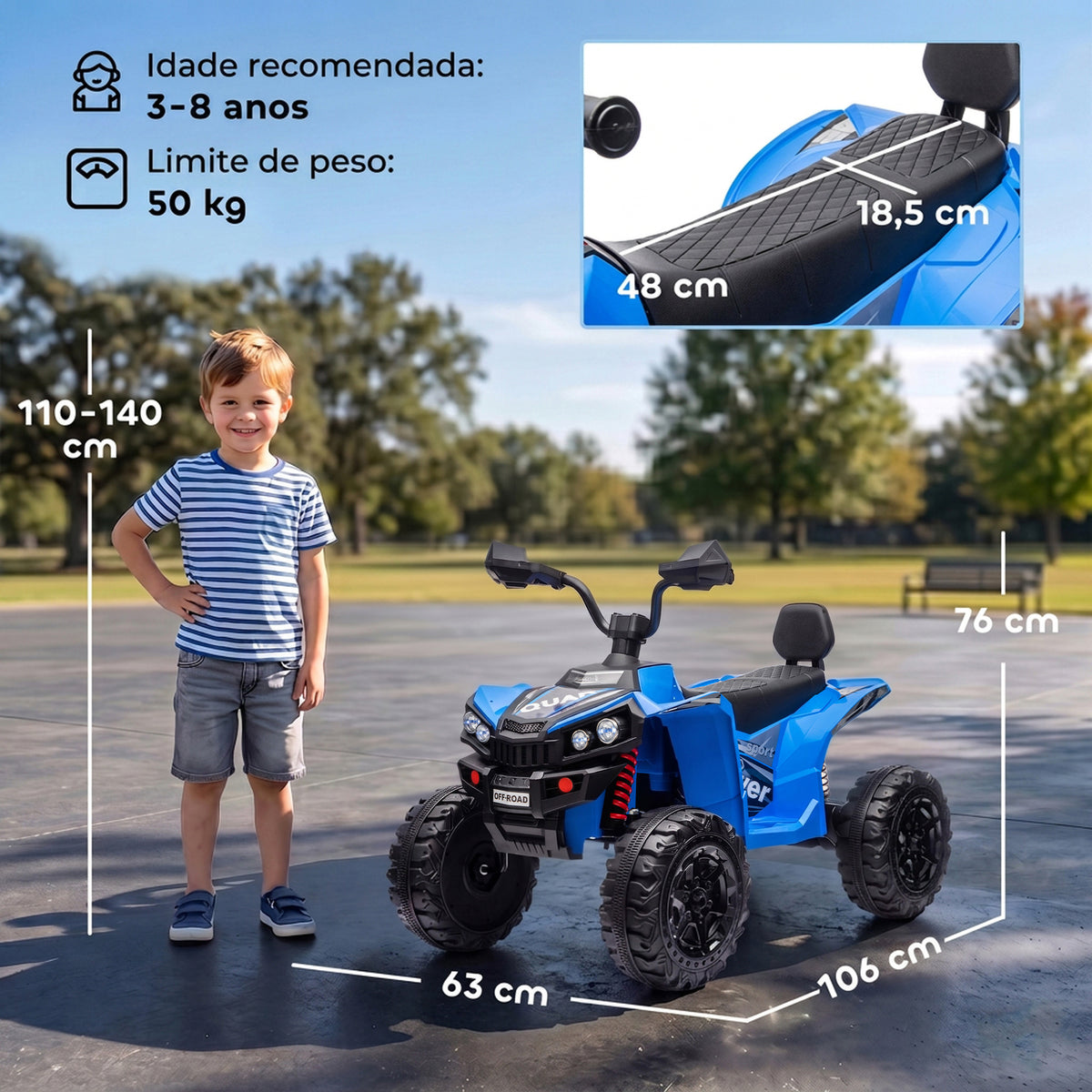 Quad Elétrico Infantil 24 V, 2 Lugares, 2 Motores de 120 W, Suspensão às 4 Rodas e Arranque Suave, Azul — foto 2