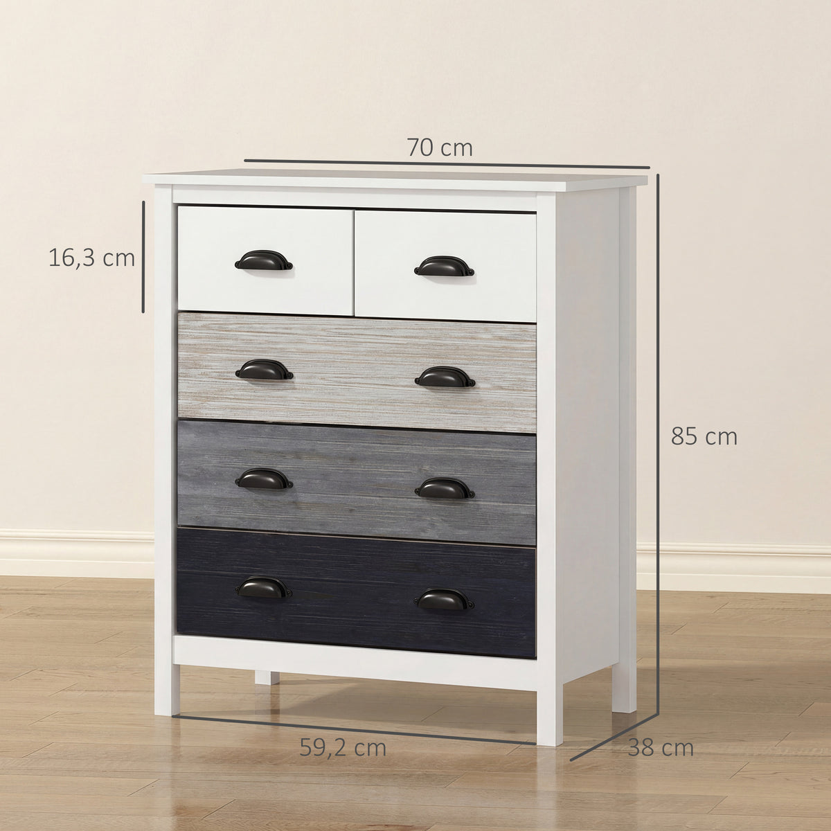 Aparador Cómoda 5 Gavetas Superfície Lacada MDF e Pinho 70x38x85 cm Branco — foto 2