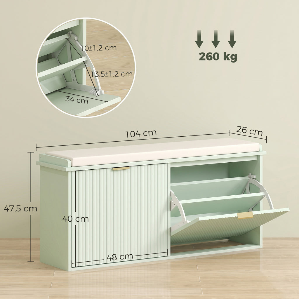 Banco para Sapatos com Almofada de Assento Acolchoada e Gaveta Basculante para Corredor Quarto 104x26x47,5 cm Verde — foto 2