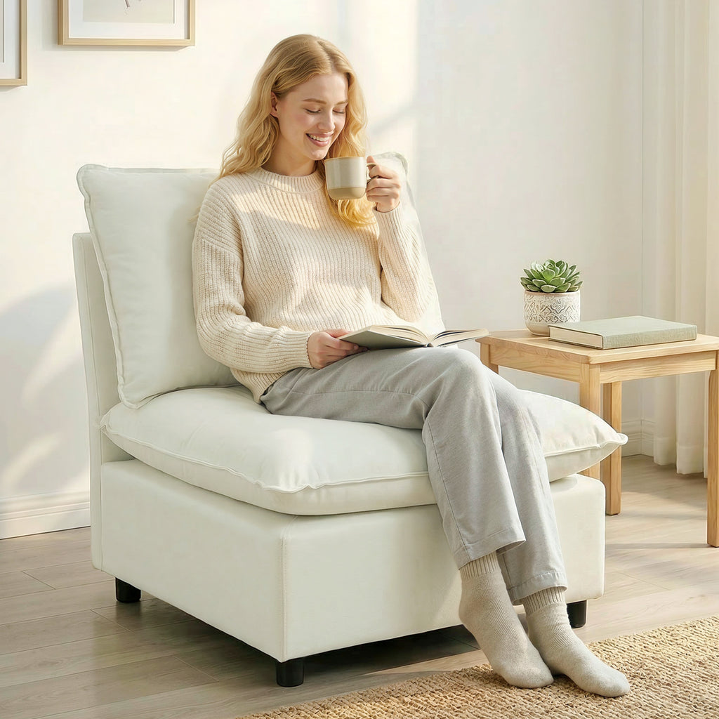 Poltrona de Sala sofá 1 Lugar Moderno sem Apoios de Braço com Assento Largo Almofadas Espessas 146x85x78 cm Creme — imagem 3