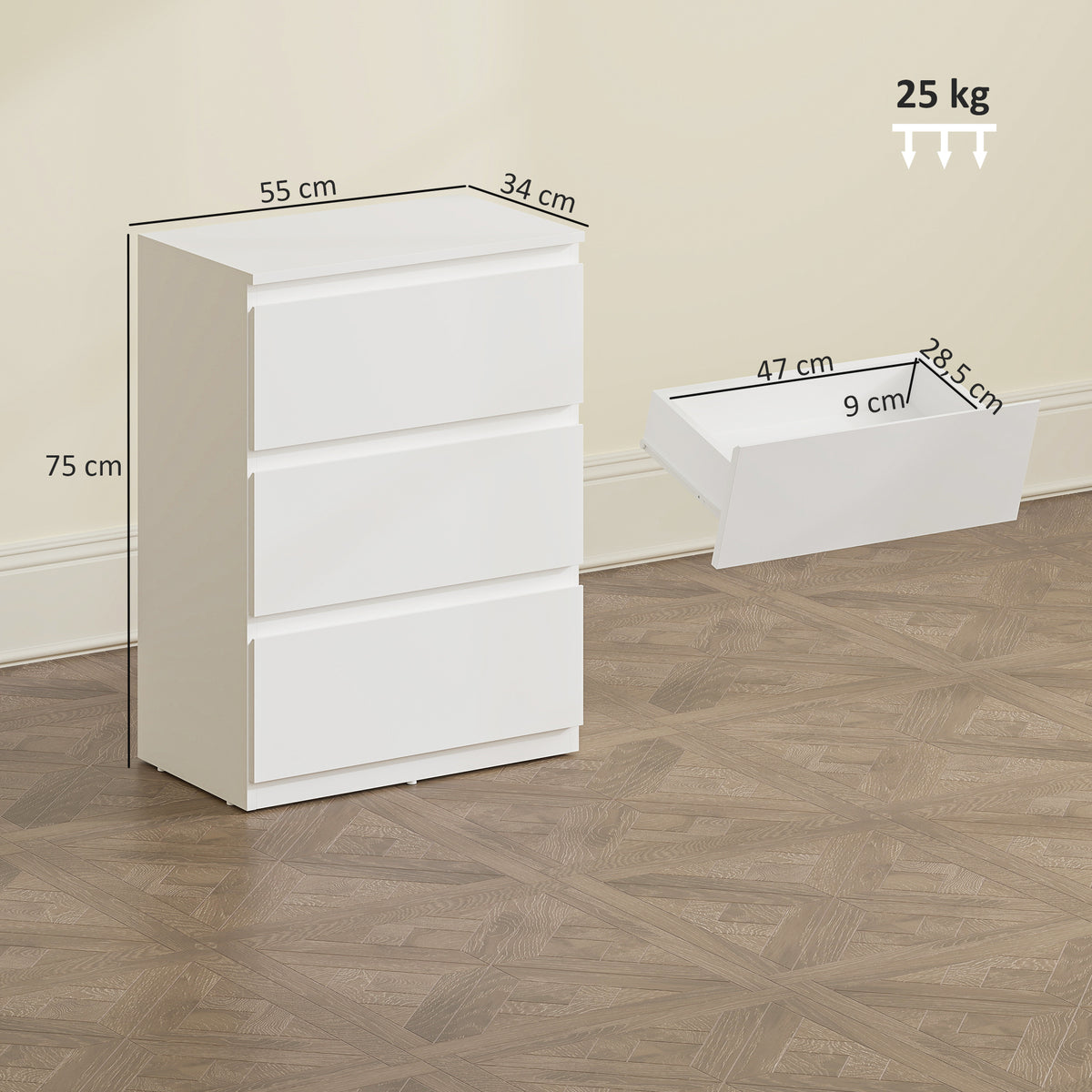 Cómoda com 3 Gavetas Móvel de Armazenamento Moderno para o Quarto Branco — foto 2