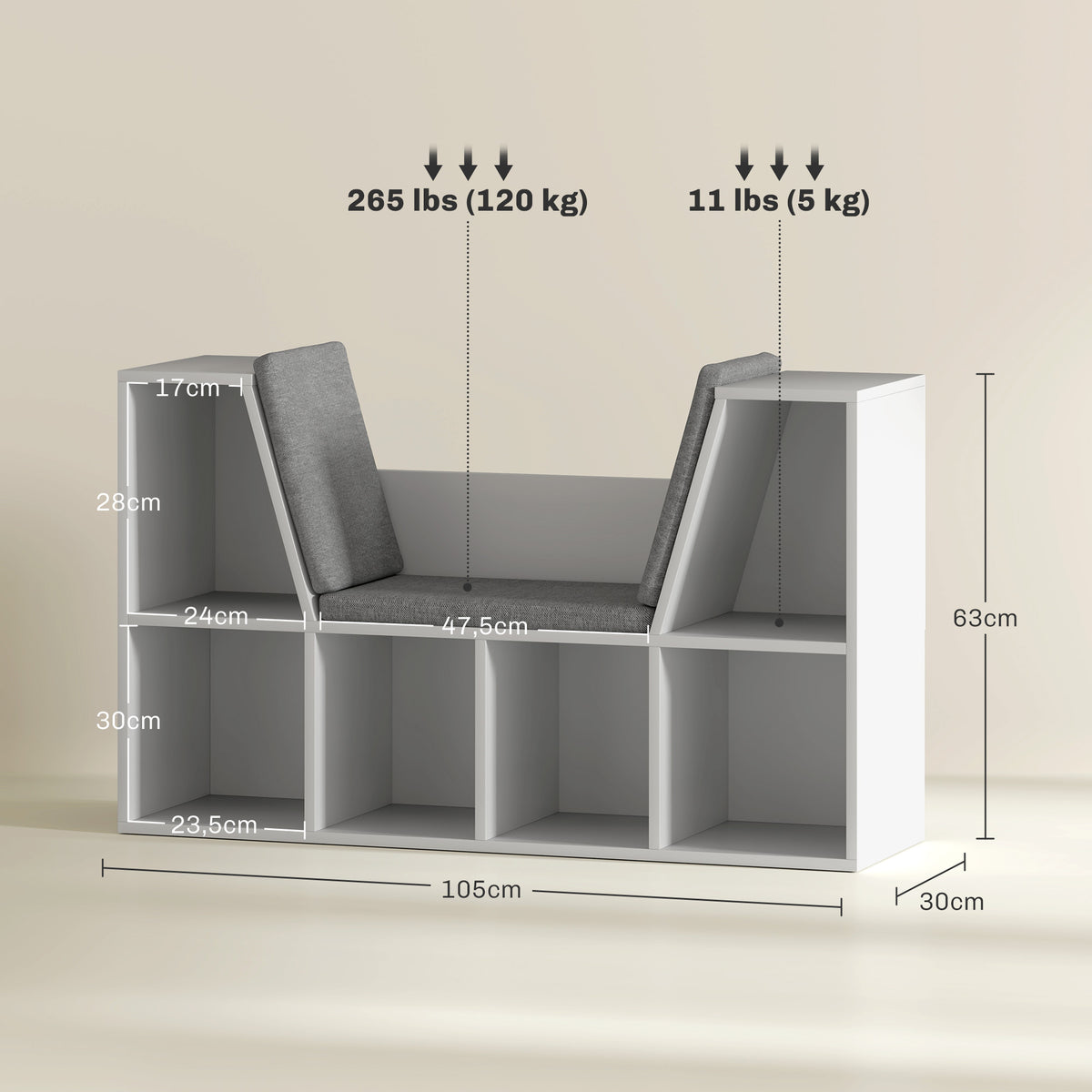 Estante com Assento 6 Compartimentos Estofada 105x30x63 cm Branco — foto 2