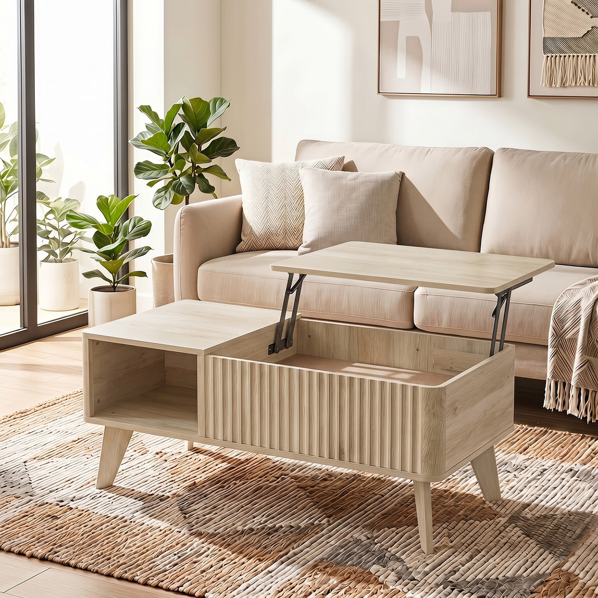 Mesa de Centro Elevável Compartimento Oculto 2 Prateleiras Abertas Bordas Arredondadas Estilo Meados do Séc. 100x48x41 cm Carvalho — imagem 3